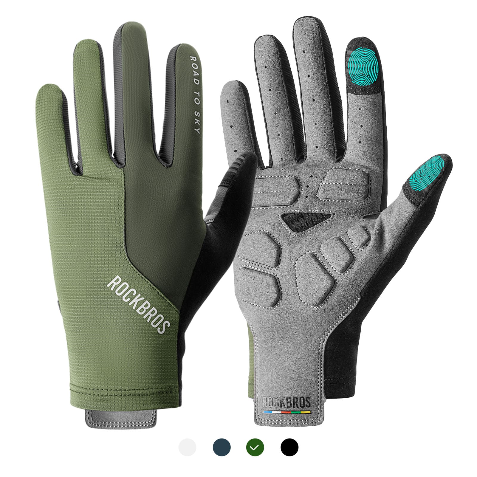 ROCKBROS Road to Sky breathable full finger cycling gloves with SBR padded palm and touchscreen fingertips
#Color_Green