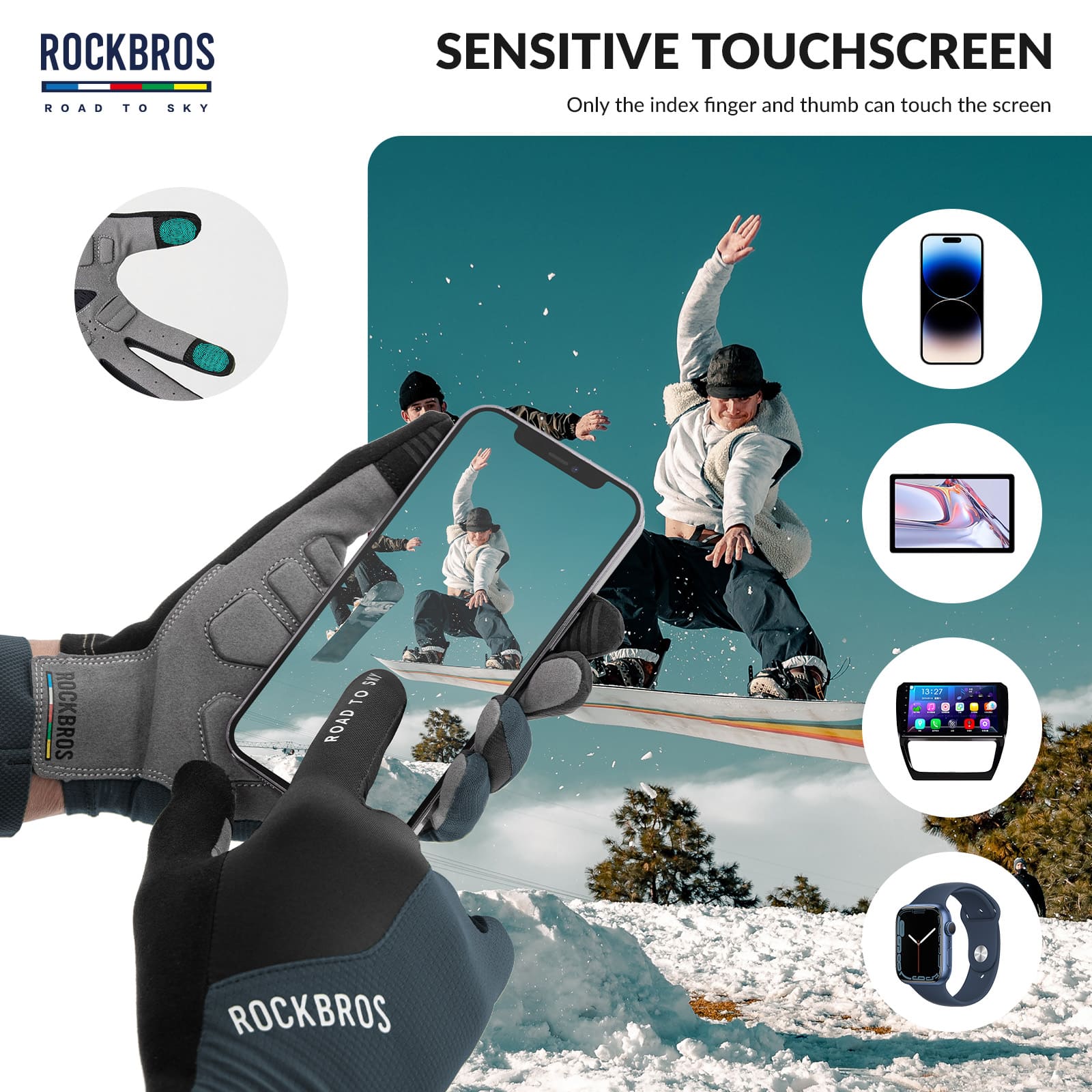 ROCKBROS Road to Sky breathable full finger cycling gloves with SBR padded palm and touchscreen fingertips
#Color_Navy