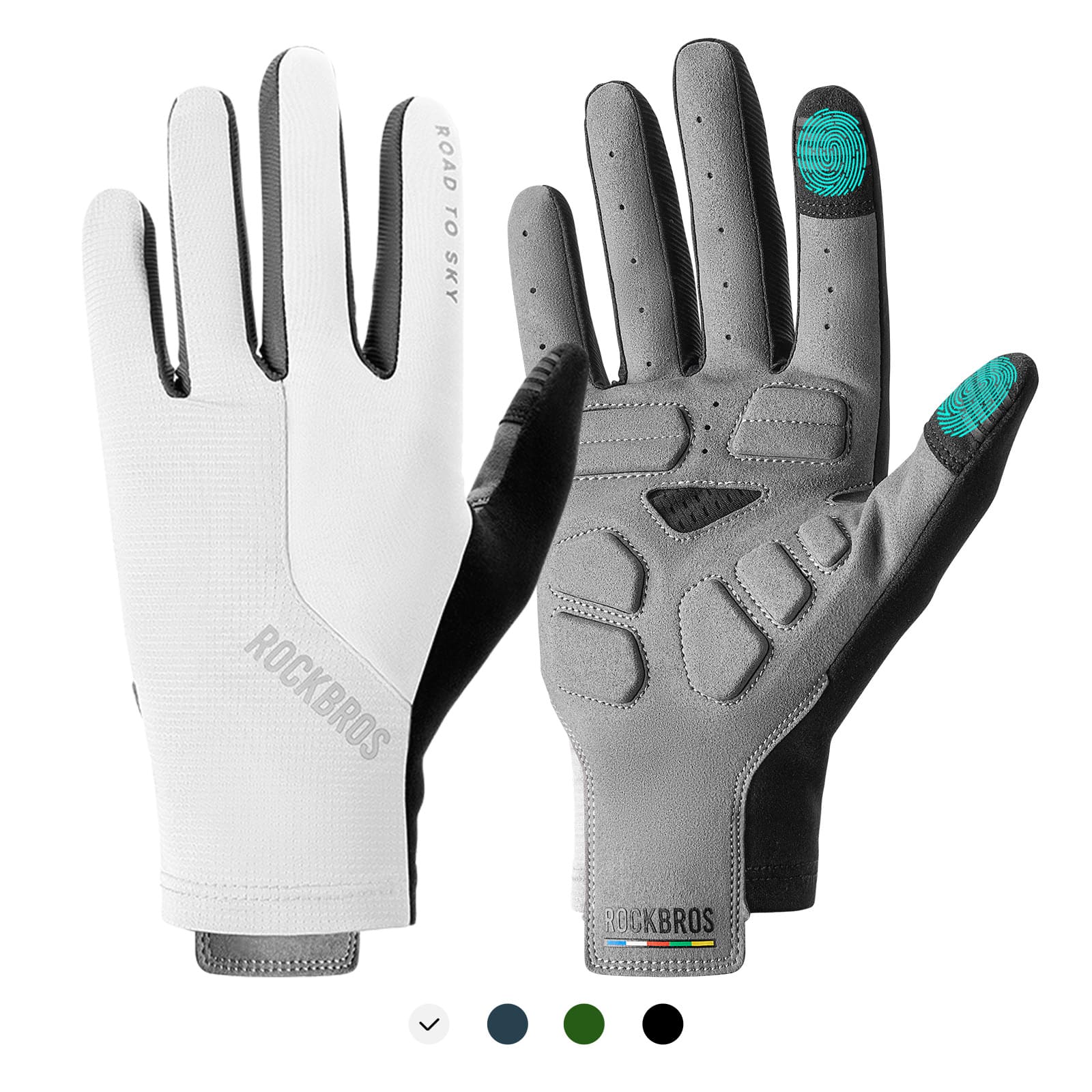 ROCKBROS Road to Sky breathable full finger cycling gloves with SBR padded palm and touchscreen fingertips
#Color_White
