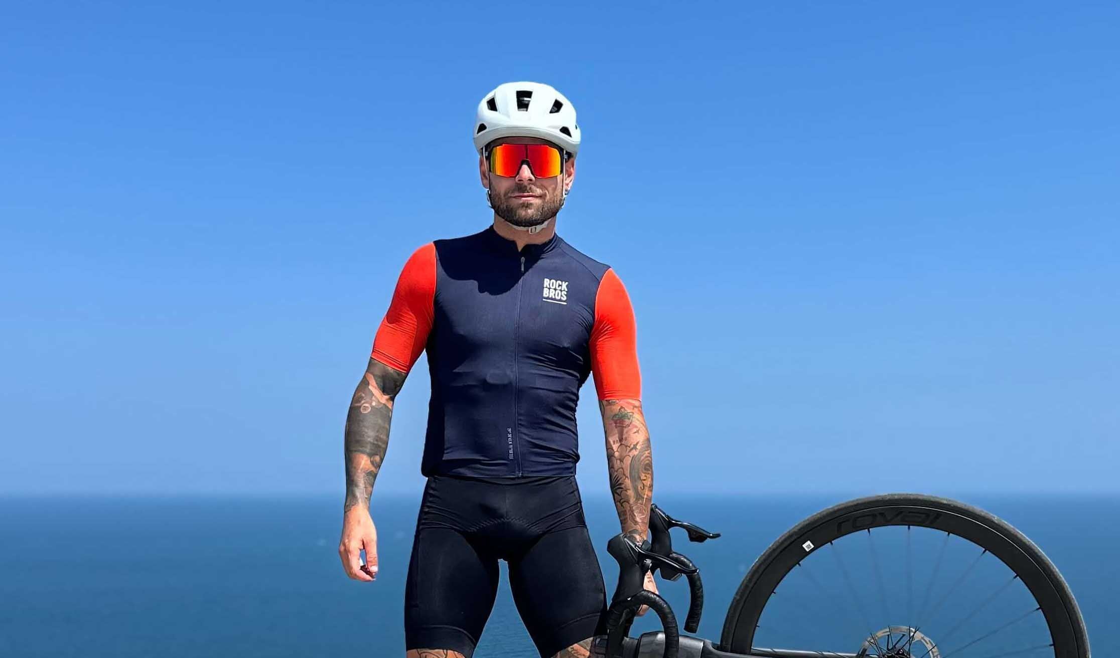 Male cyclist wearing RockBros ROAD-TO-SKY short sleeve jersey on road