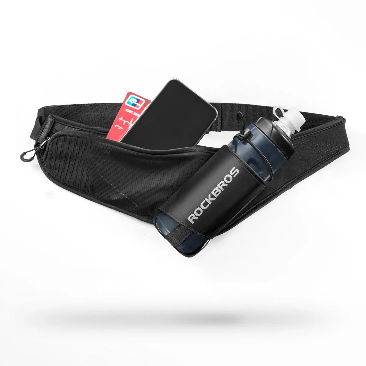ROCKBROS running hydration belt with an adjustable waist strap, phone storage and reflective details