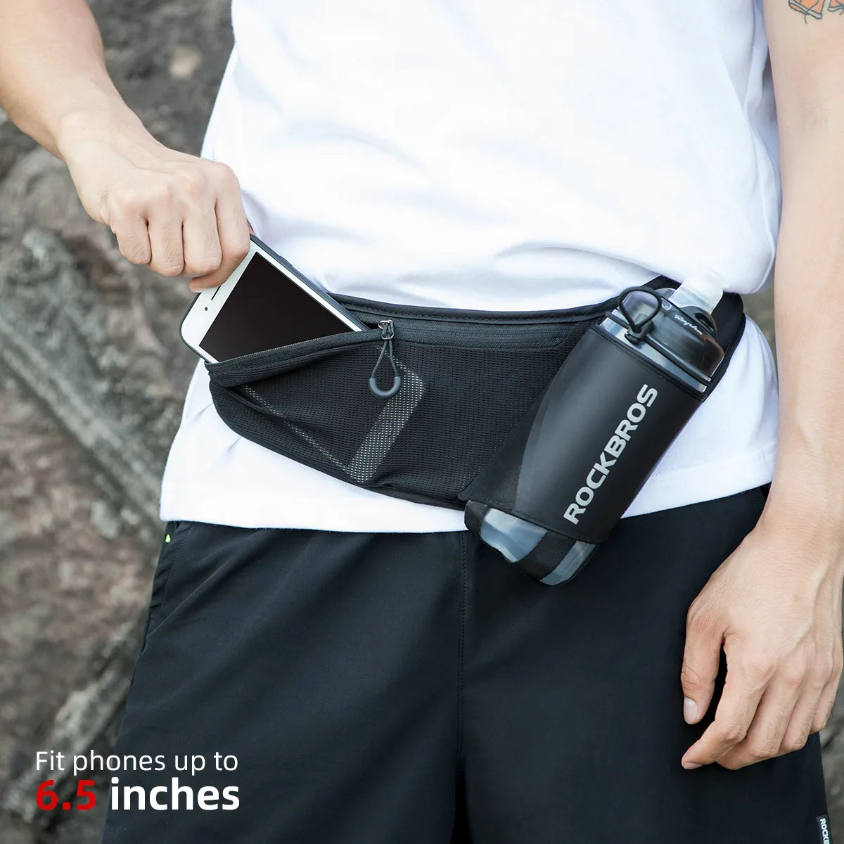 ROCKBROS running hydration belt with an adjustable waist strap, phone storage and reflective details