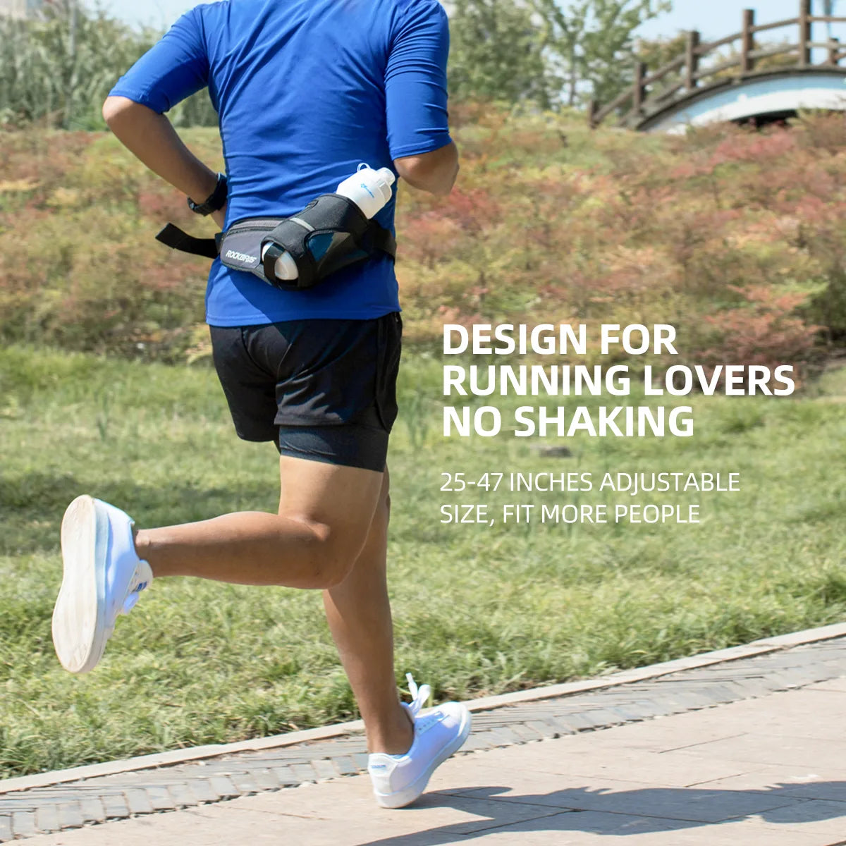ROCKBROS running hydration belt with an adjustable waist strap, phone storage and reflective details