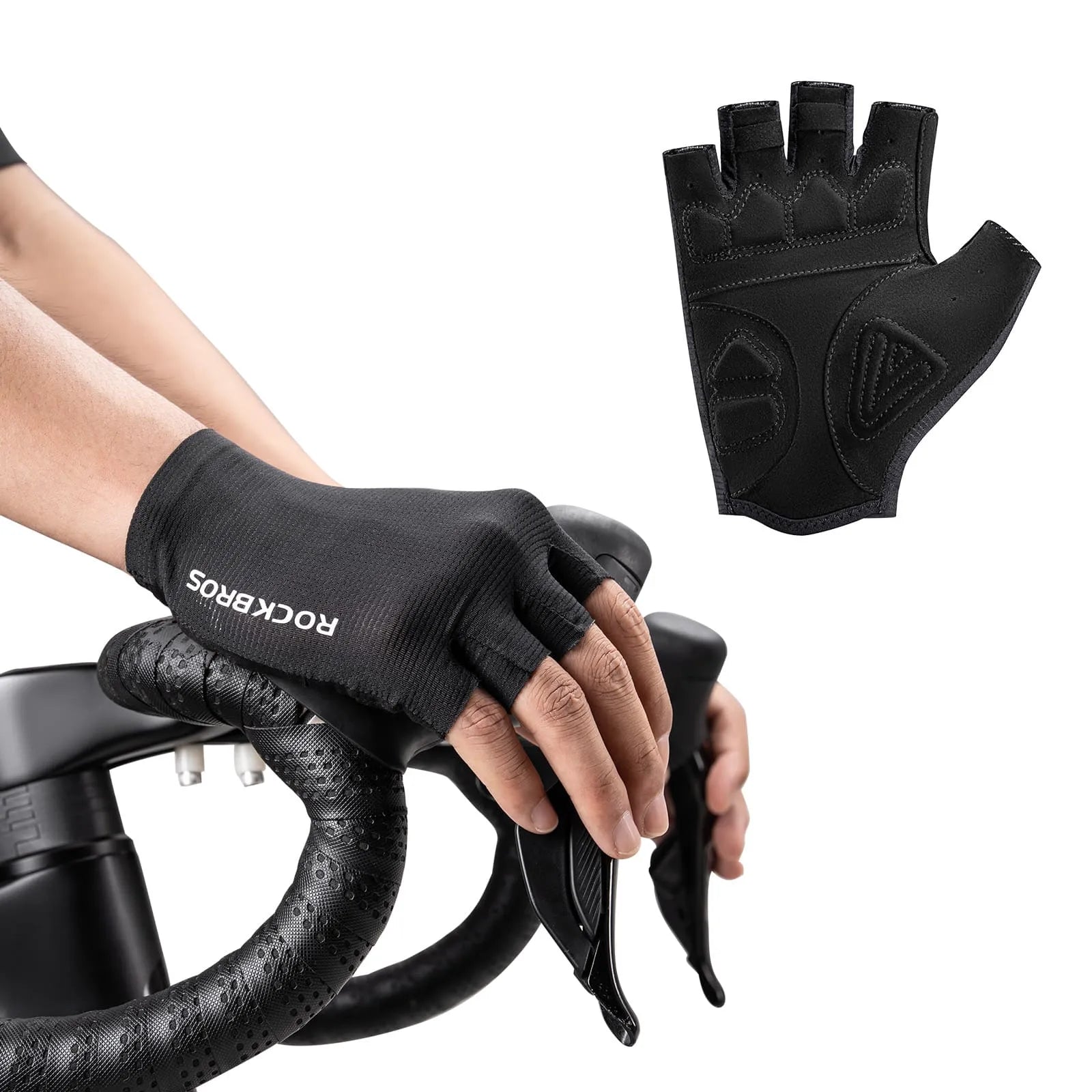 rockbros solid color short finger cycling gloves breathable anti-slip lightweight for commuting training and daily riding
#Color_Black