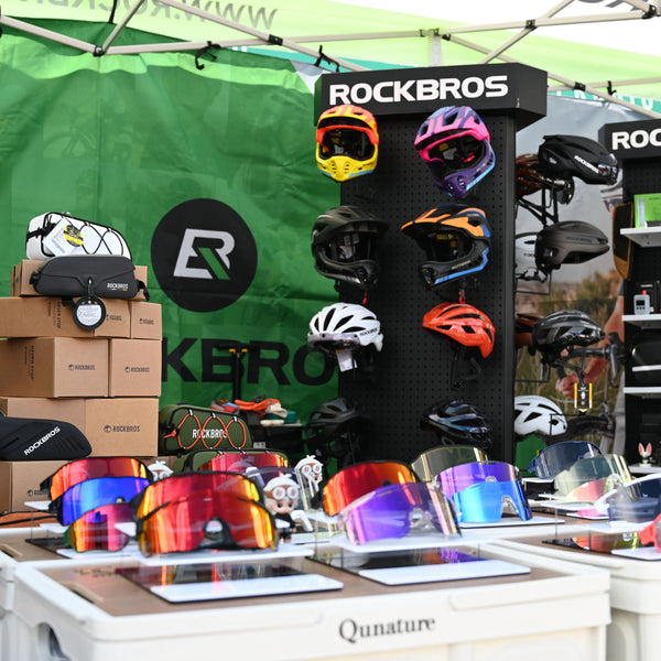 ROCKBROS booth at Sea Otter Classic featuring bike bags lights and cycling accessories