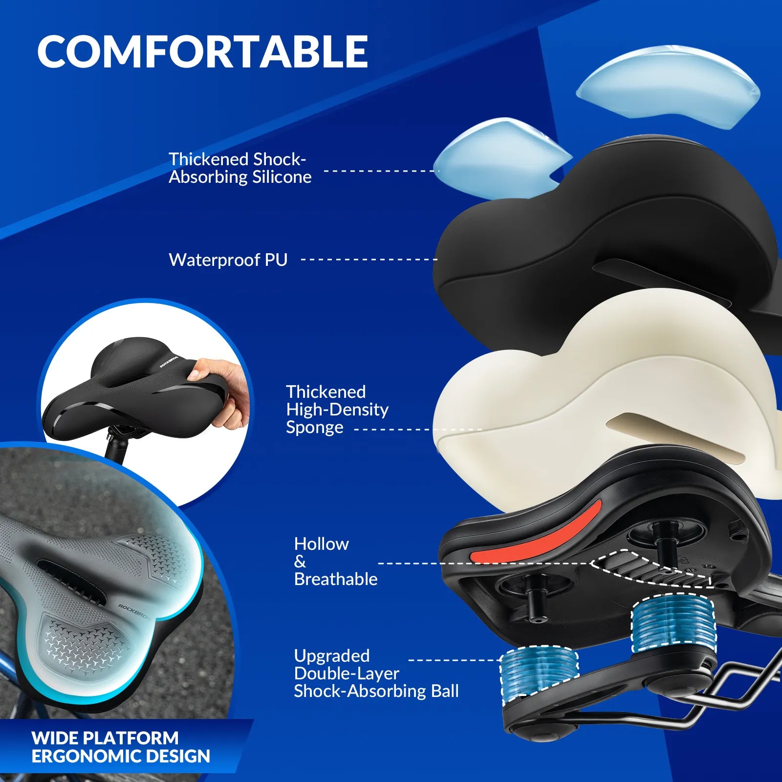 ROCKBROS silicone-filled comfort bike saddle with ventilated hollow design and reflective details