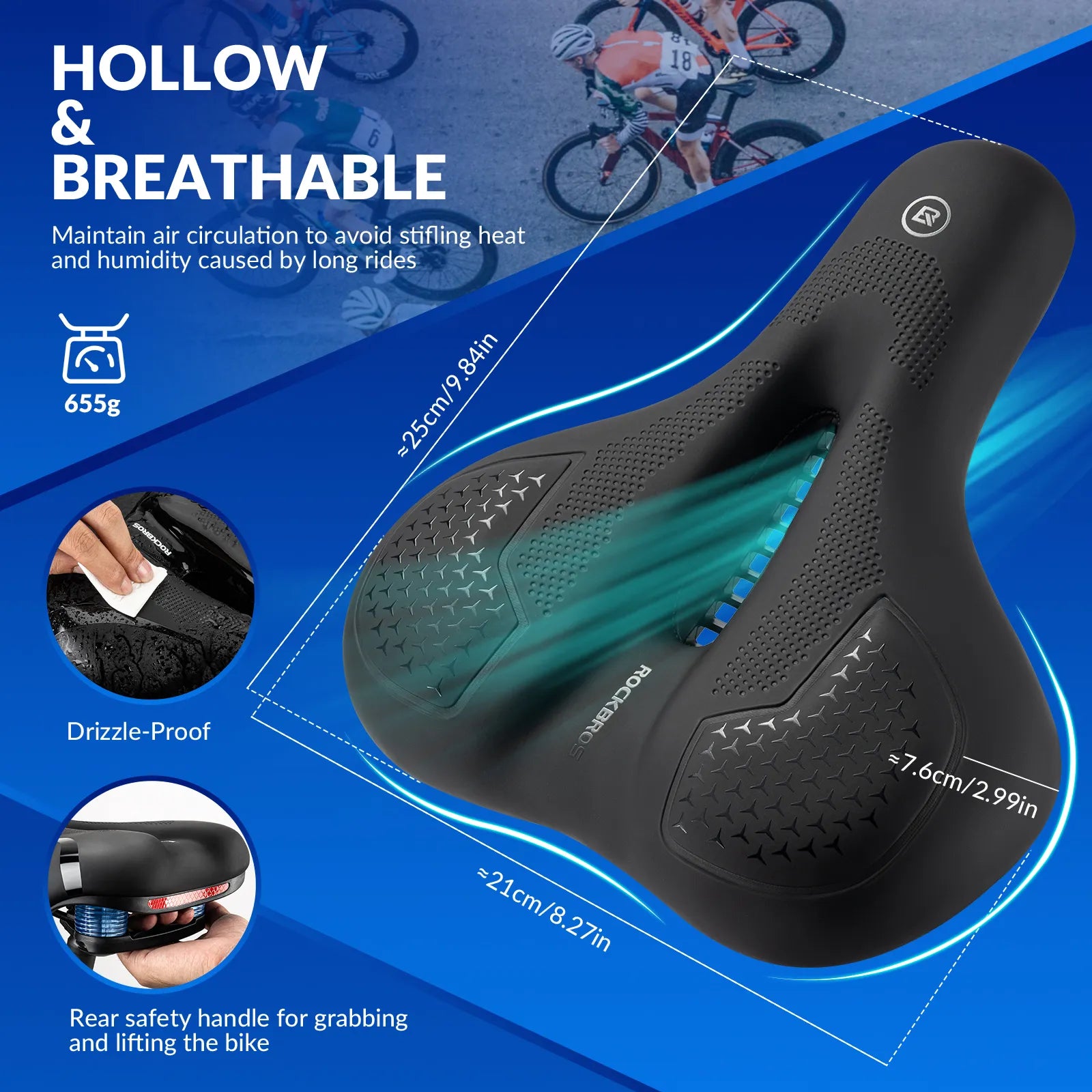 ROCKBROS silicone-filled comfort bike saddle with ventilated hollow design and reflective details