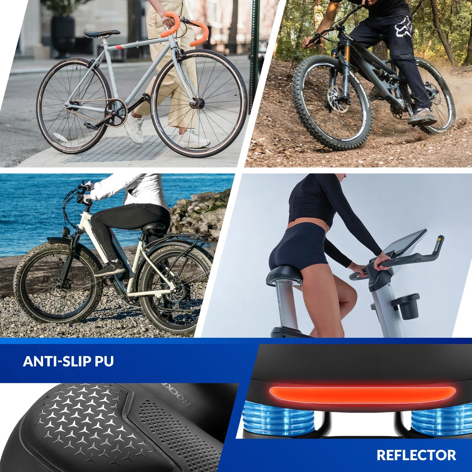 ROCKBROS silicone-filled comfort bike saddle with ventilated hollow design and reflective details
