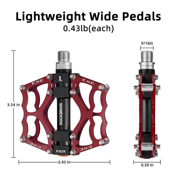 ROCKBROS Single Bearing Aluminum Alloy Platform Pedals with Wide Anti-Slip Surface and 9/16 Inch Spindle
#Color_Red