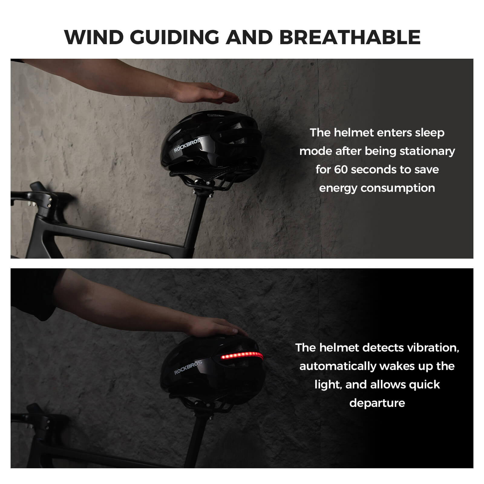 ROCKBROS smart bike helmet with LED front and rear lights and turn signals for night riding safety