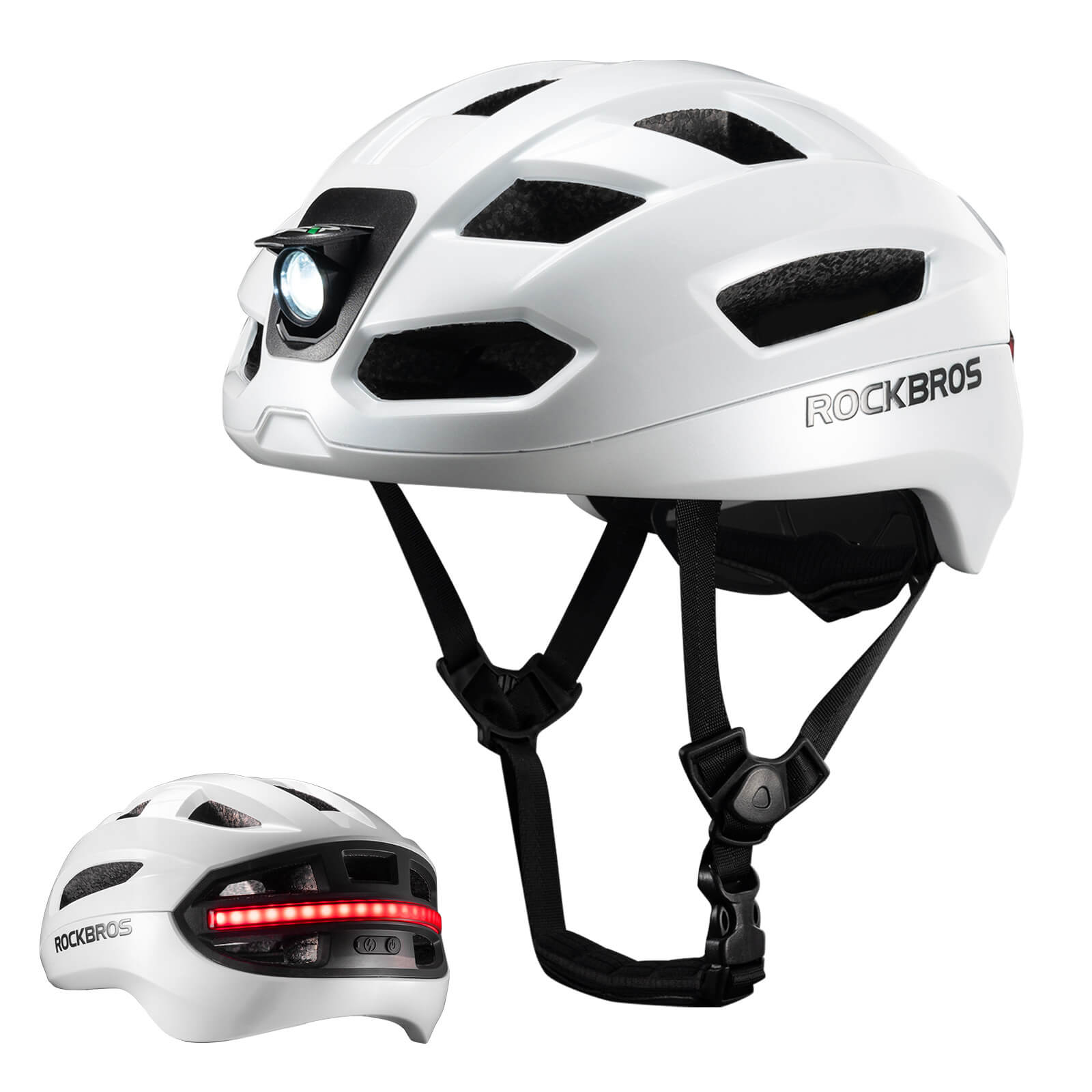 ROCKBROS smart bike helmet with LED front and rear lights and turn signals for night riding safety
#Color_White