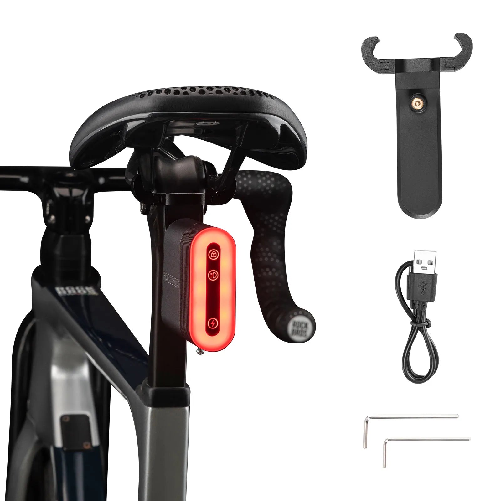 ROCKBROS smart bike tail light with Bluetooth cable lock, brake sensing, and automatic light detection