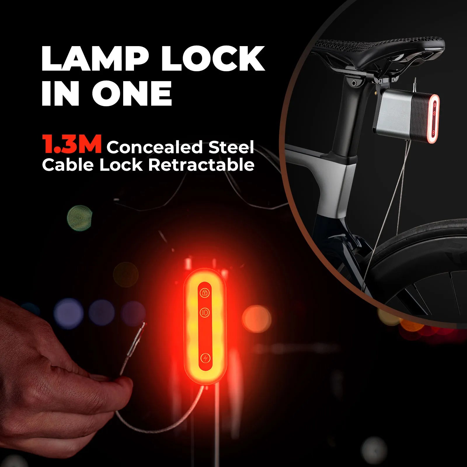 ROCKBROS smart bike tail light with Bluetooth cable lock, brake sensing, and automatic light detection