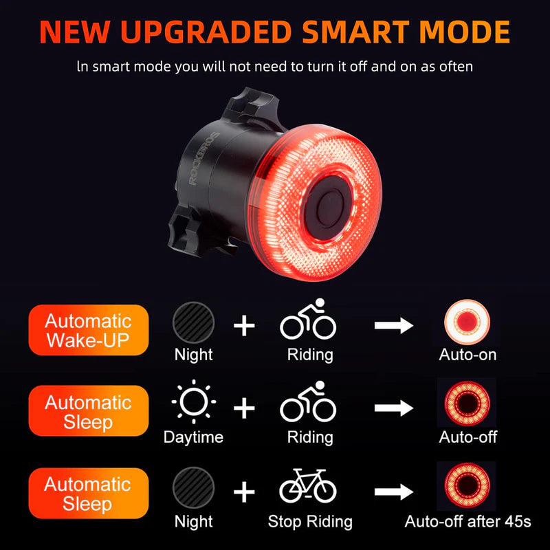 ROCKBROS smart brake-sensing bike tail light for enhanced visibility