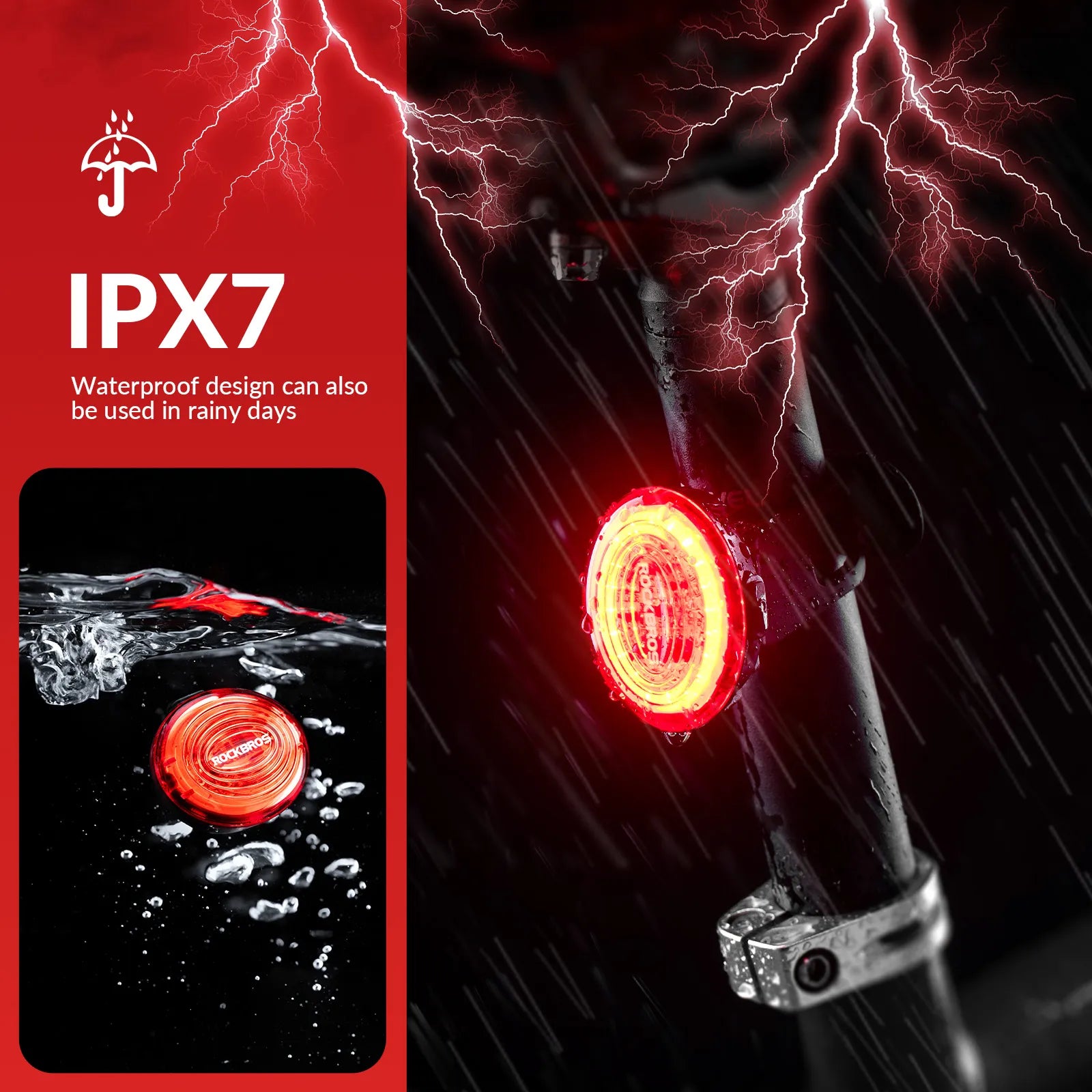 ROCKBROS smart brake-sensing bike tail light with motion sensor and wide-angle visibility