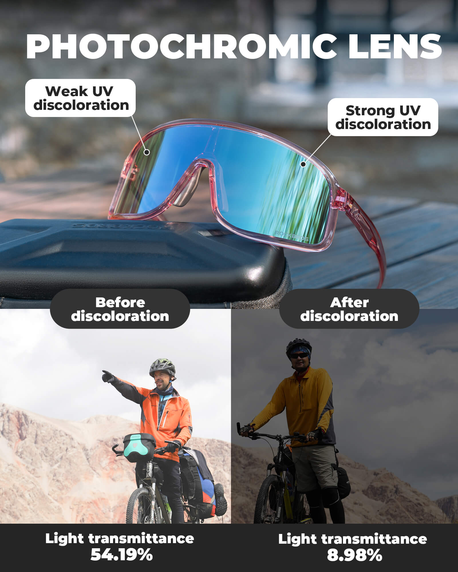 ROCKBROS SP350 photochromic cycling glasses in pink color
#Color_Pink