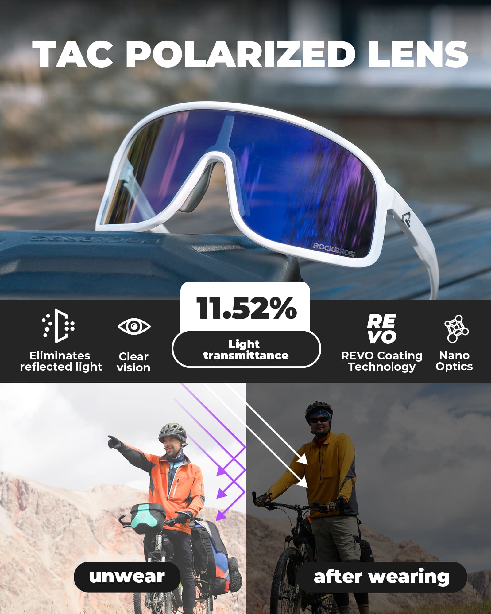 ROCKBROS SP350 polarized cycling glasses in bright white color
#Color_Bright White