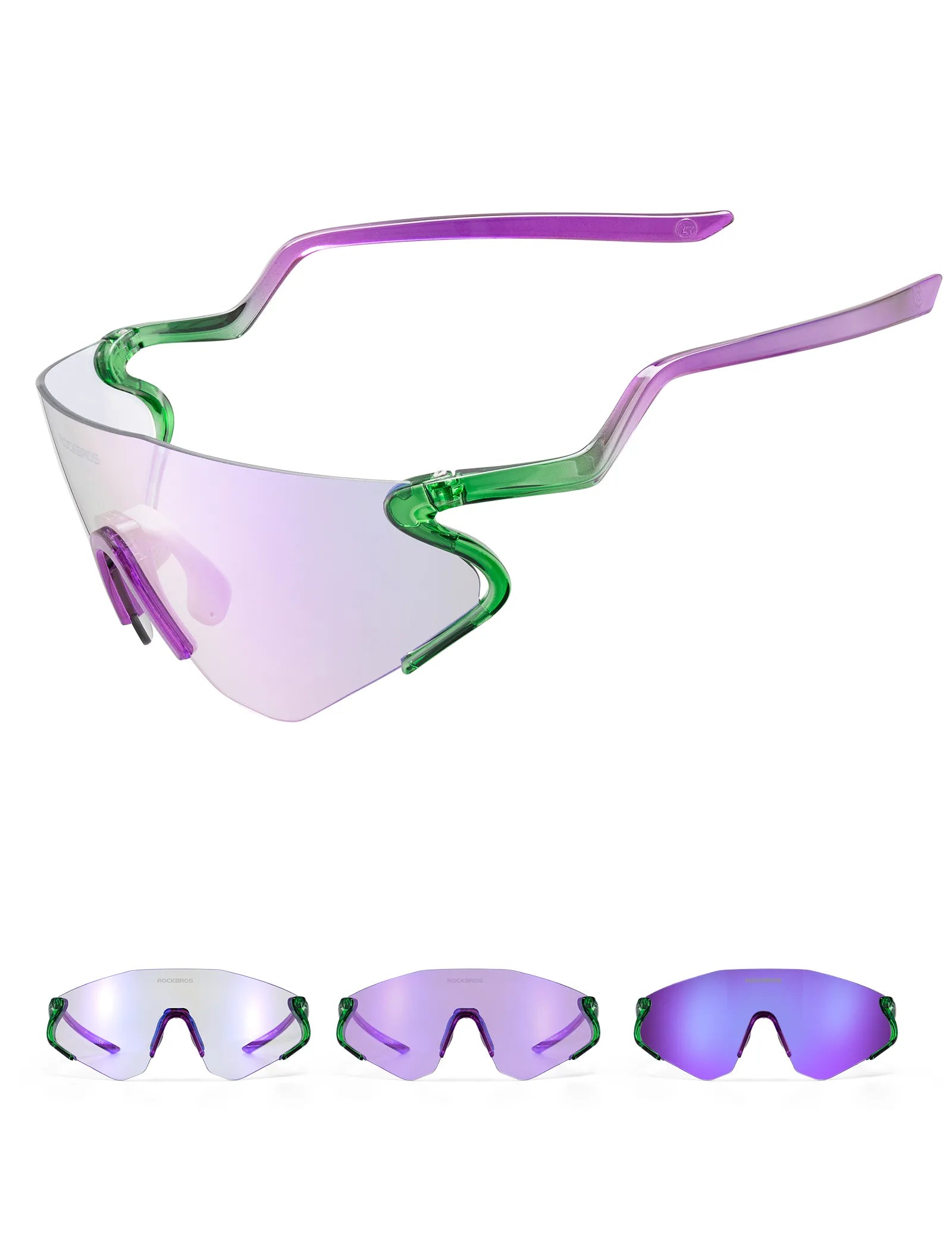 ROCKBROS SP382 cycling sunglasses with REVO anti-glare lens, lightweight TR90 frame, wraparound protection, and prescription insert compatibility
#Color_Purple