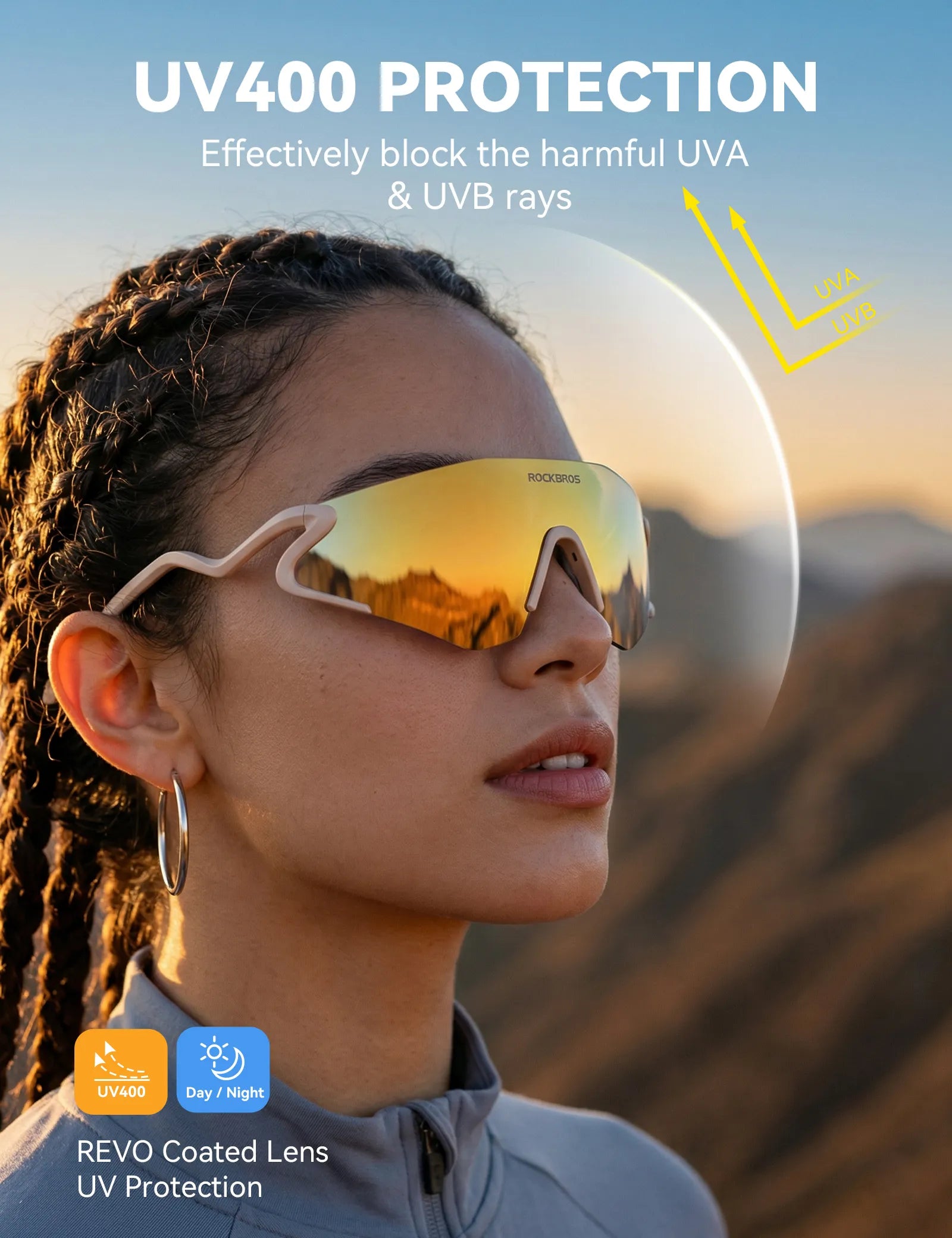 ROCKBROS SP382 cycling sunglasses with REVO anti-glare lens, lightweight TR90 frame, wraparound protection, and prescription insert compatibility