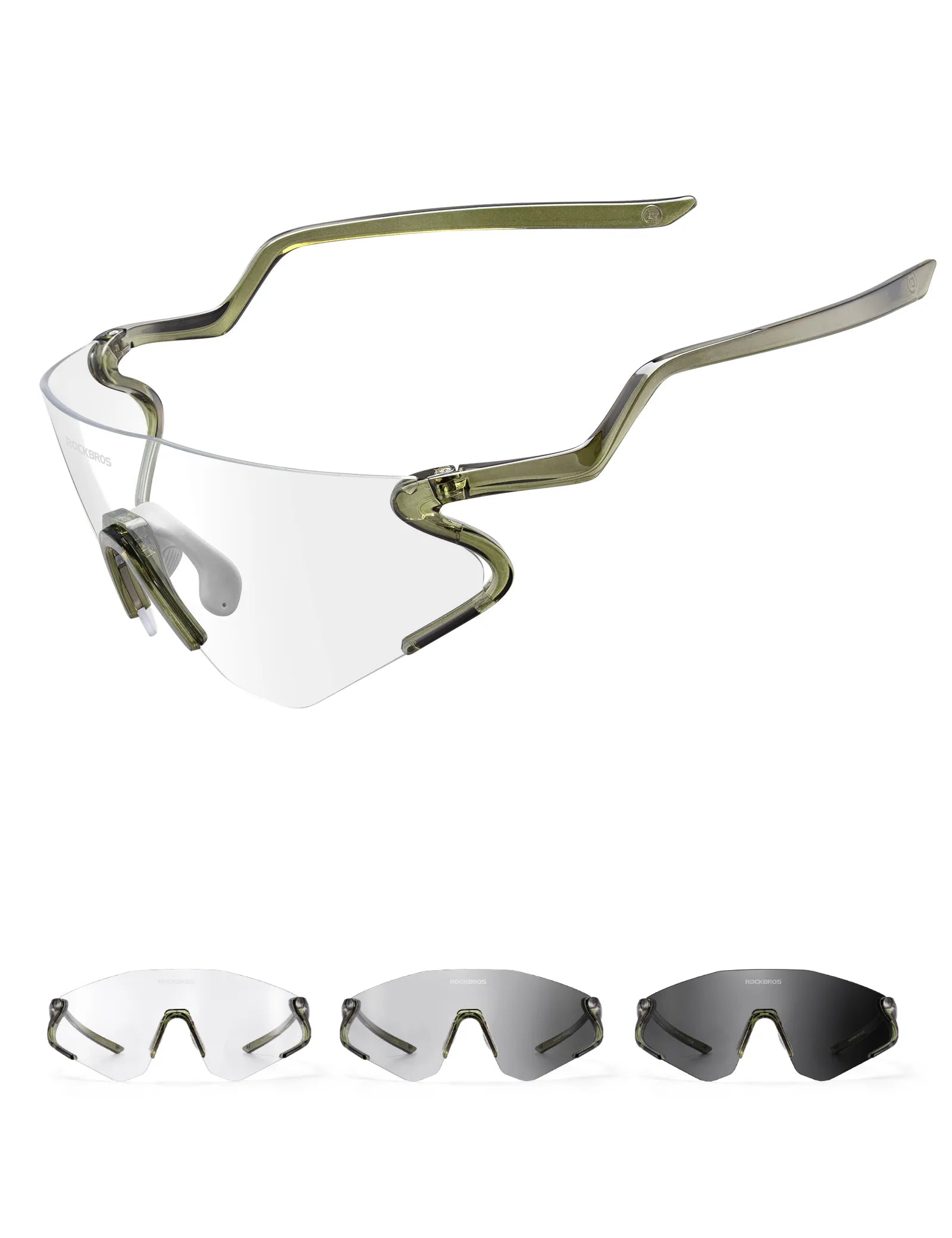 ROCKBROS SP382 cycling sunglasses with REVO anti-glare lens, lightweight TR90 frame, wraparound protection, and prescription insert compatibility
#Color_Green