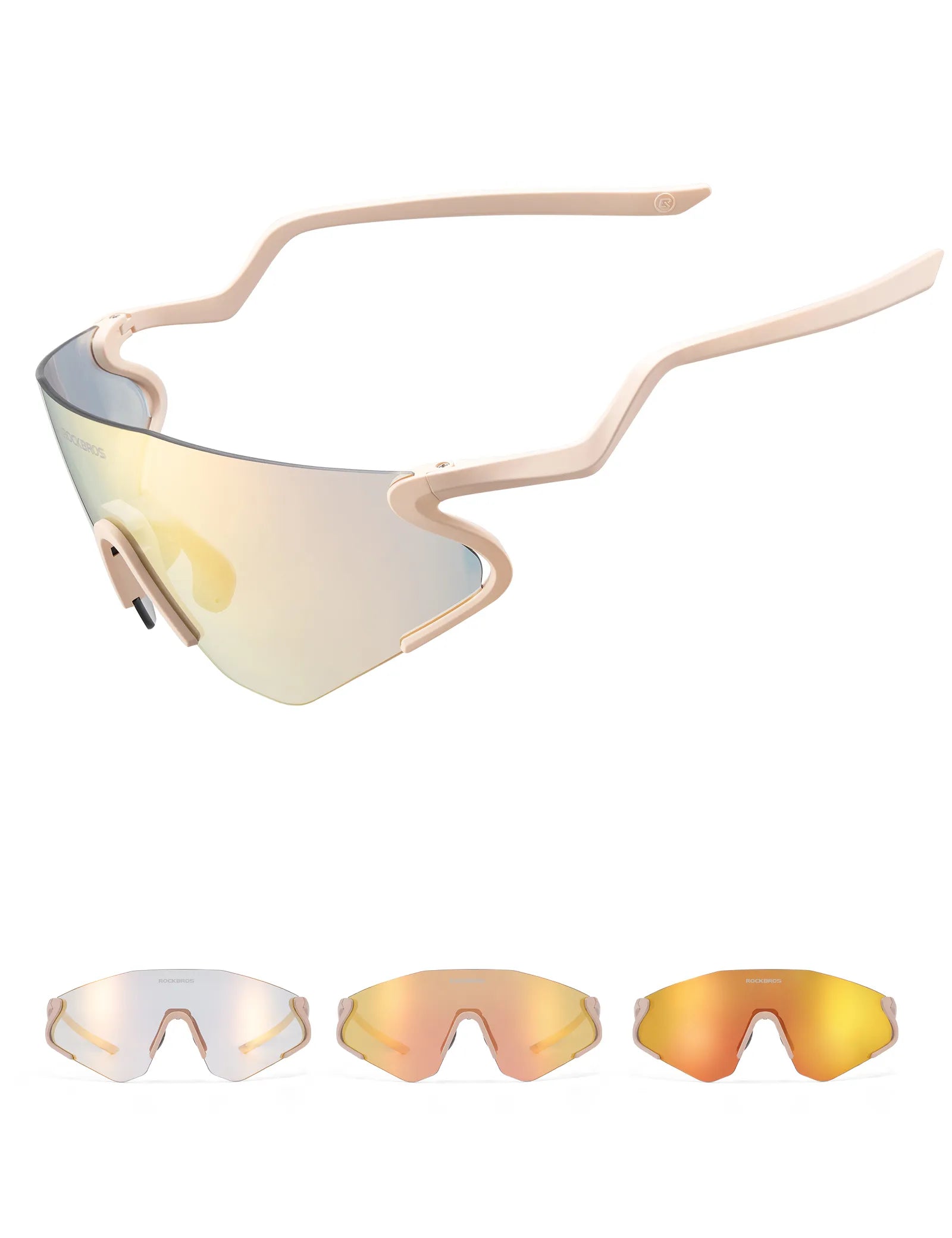 ROCKBROS SP382 cycling sunglasses with REVO anti-glare lens, lightweight TR90 frame, wraparound protection, and prescription insert compatibility
#Color_Gold
