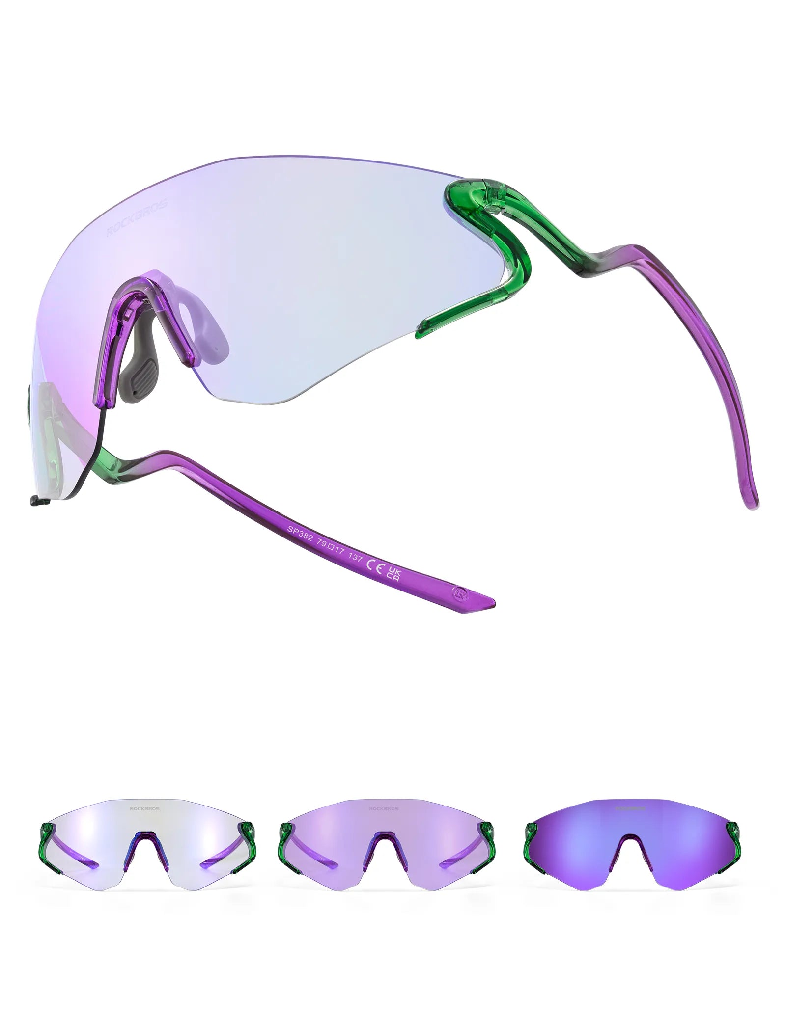 ROCKBROS SP382 cycling sunglasses with REVO anti-glare lens, lightweight TR90 frame, wraparound protection, and prescription insert compatibility
#Color_Purple