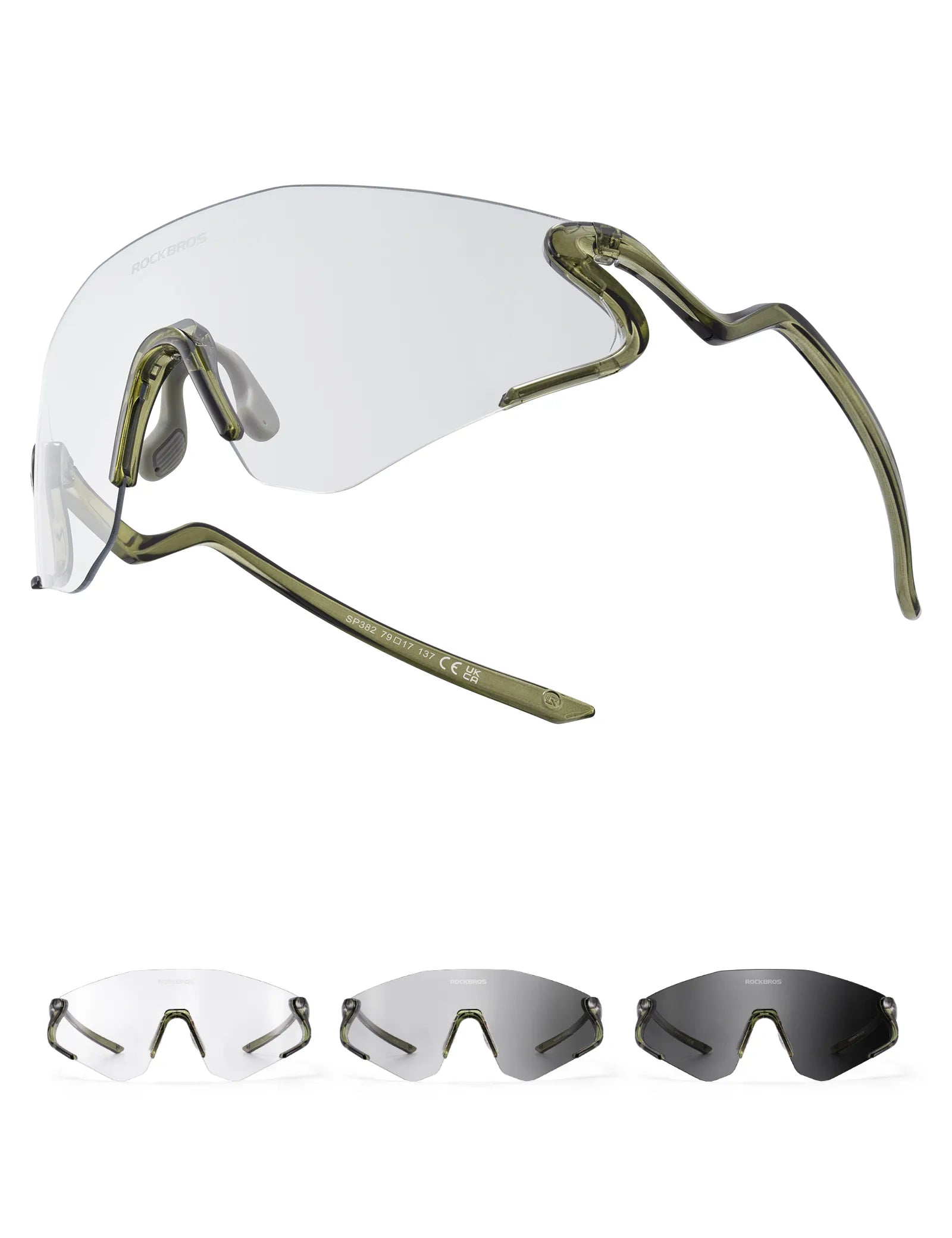 ROCKBROS SP382 cycling sunglasses with REVO anti-glare lens, lightweight TR90 frame, wraparound protection, and prescription insert compatibility
#Color_Green