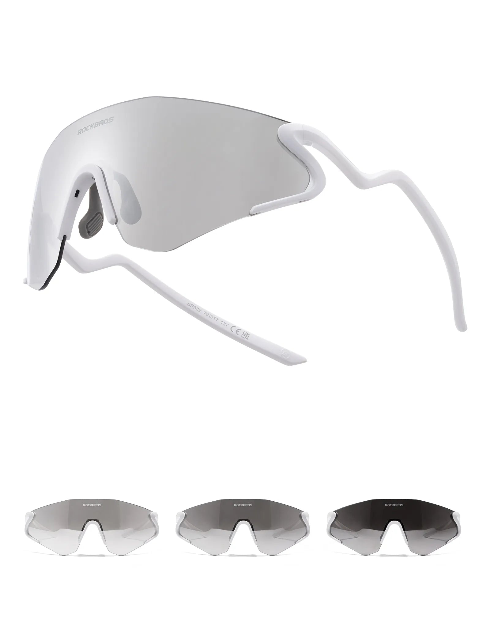ROCKBROS SP382 cycling sunglasses with REVO anti-glare lens, lightweight TR90 frame, wraparound protection, and prescription insert compatibility
#Color_White