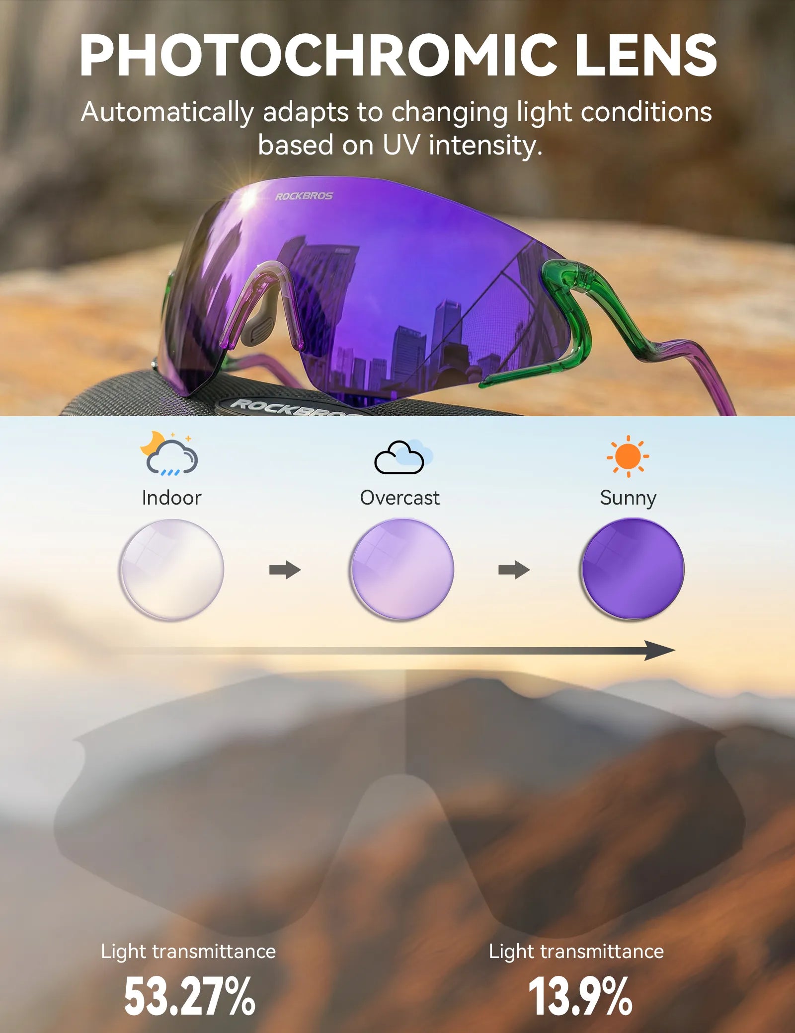 ROCKBROS SP382 cycling sunglasses with REVO anti-glare lens, lightweight TR90 frame, wraparound protection, and prescription insert compatibility
#Color_Purple