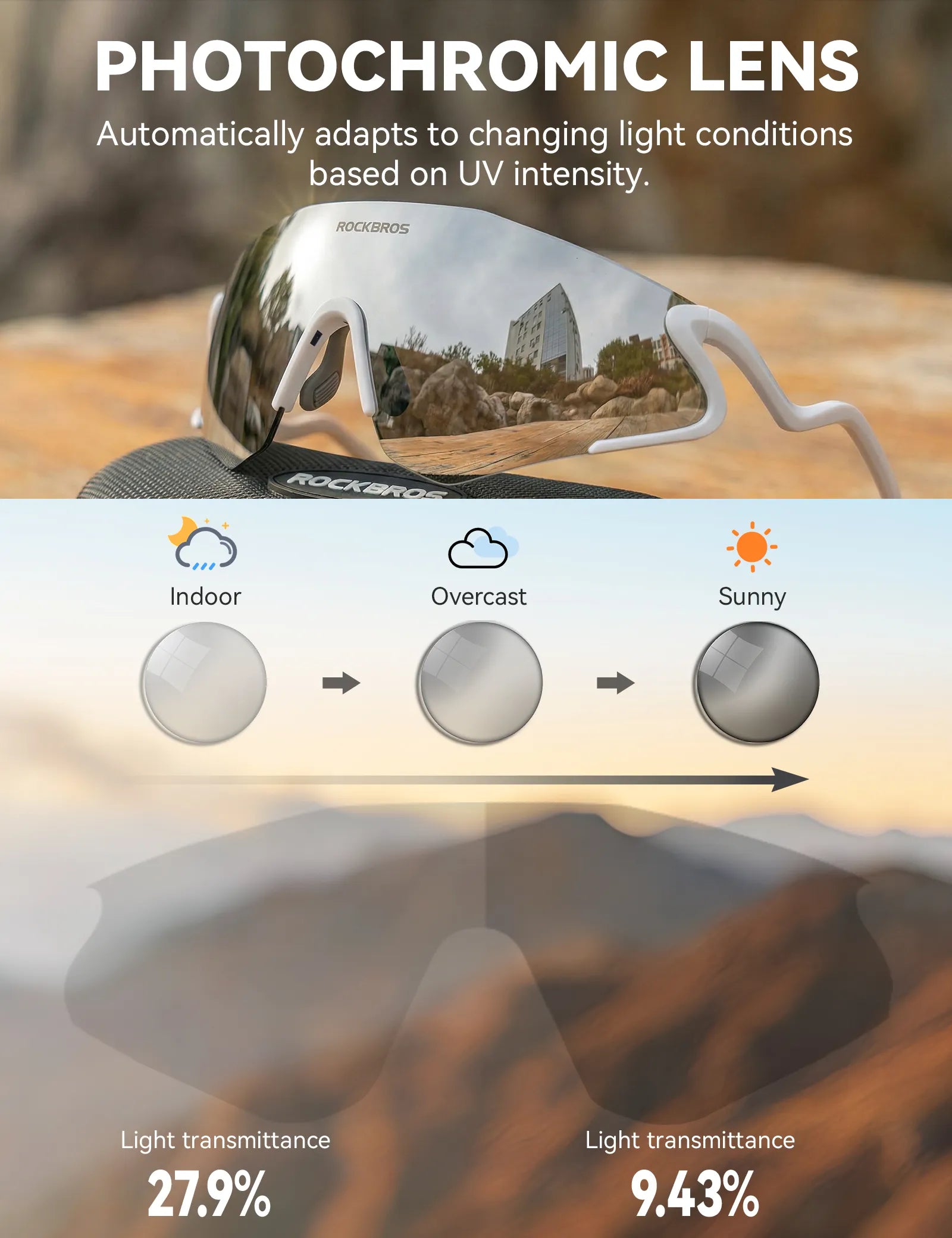 ROCKBROS SP382 cycling sunglasses with REVO anti-glare lens, lightweight TR90 frame, wraparound protection, and prescription insert compatibility
#Color_White