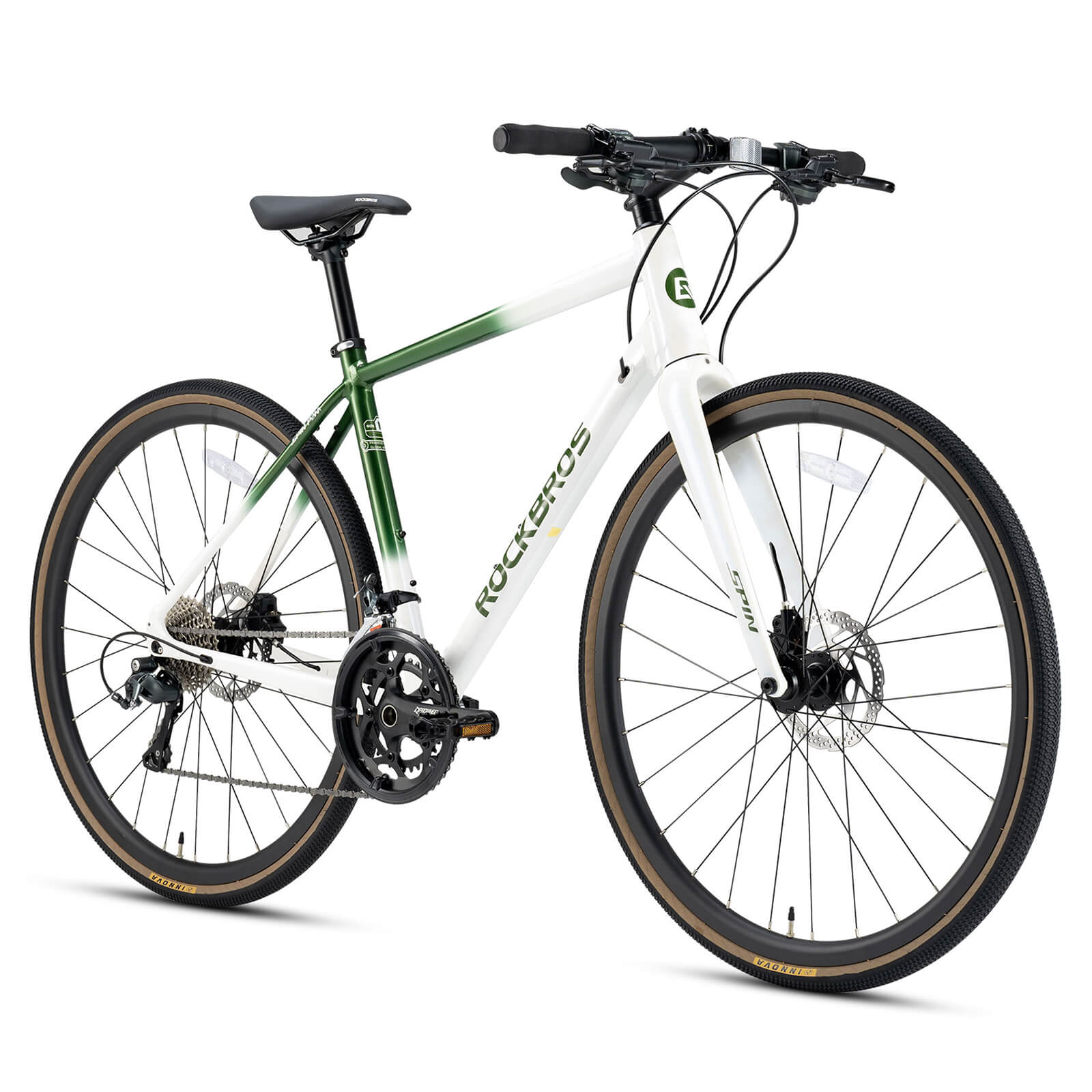 ROCKBROS SPINP2M flat bar road bike with lightweight aluminum frame and Shimano drivetrain for commuting and beginner riders
#Color_Green