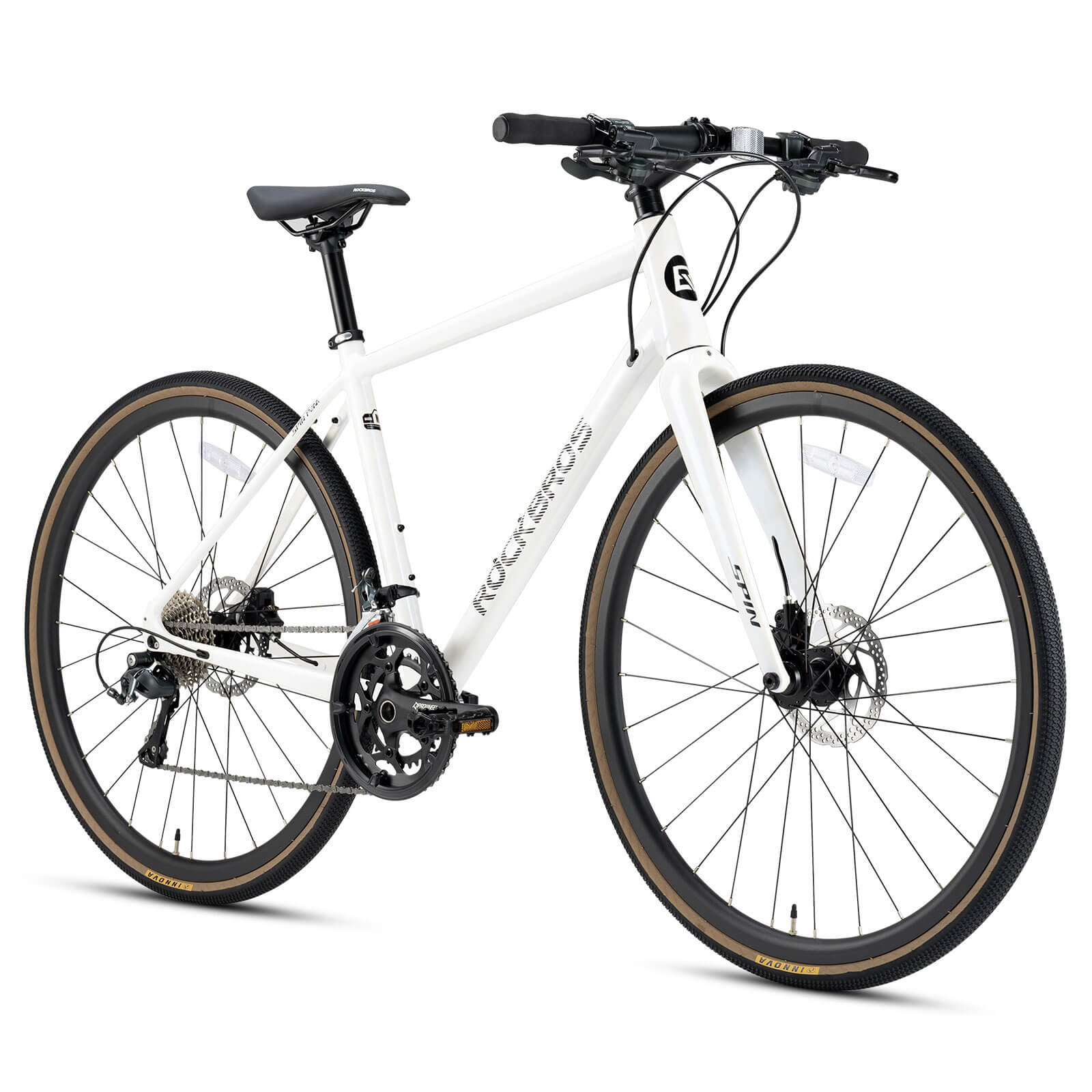 ROCKBROS SPINP2M flat bar road bike with lightweight aluminum frame and Shimano drivetrain for commuting and beginner riders
#Color_White