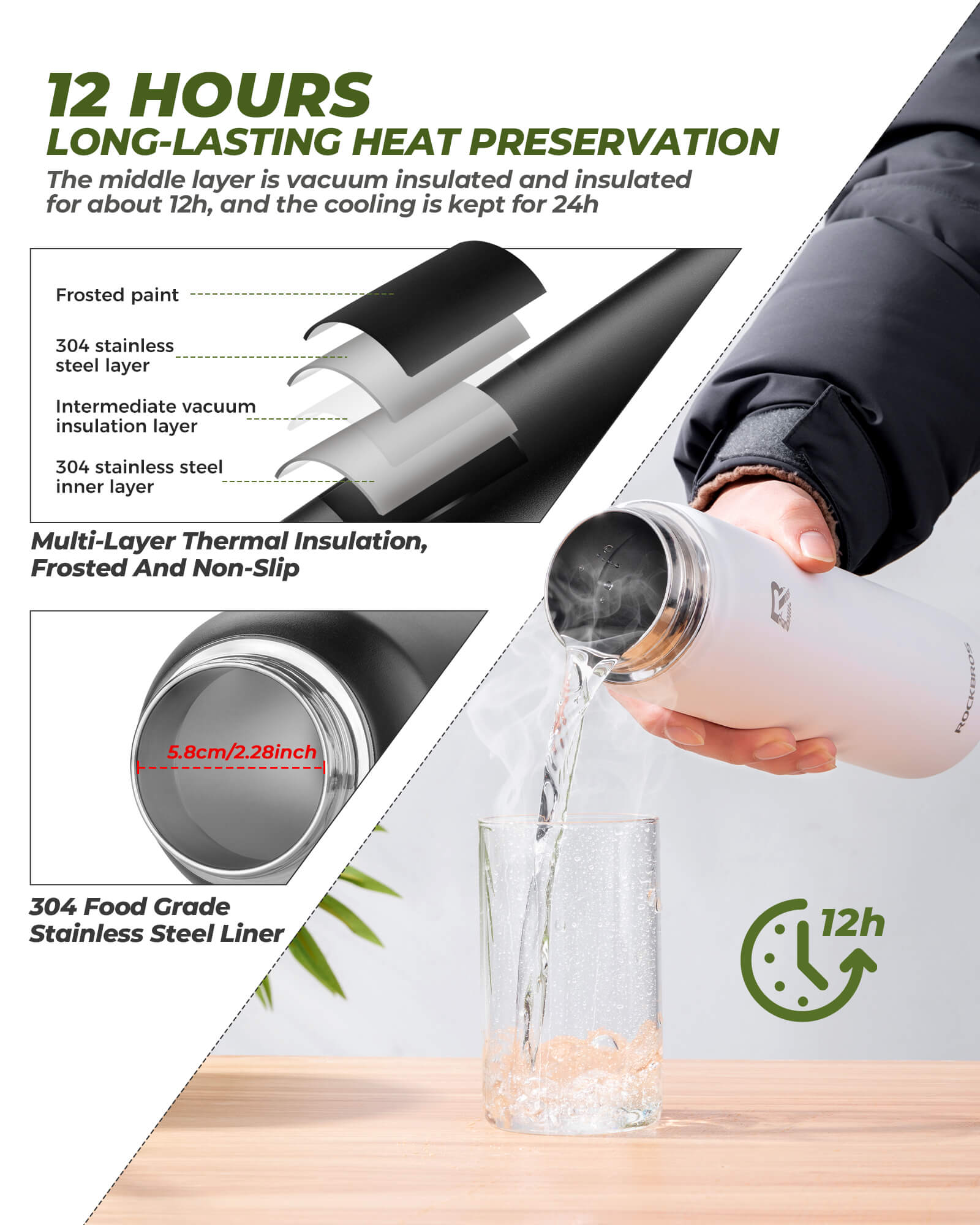 ROCKBROS stainless steel water bottle insulated large capacity with straw lid