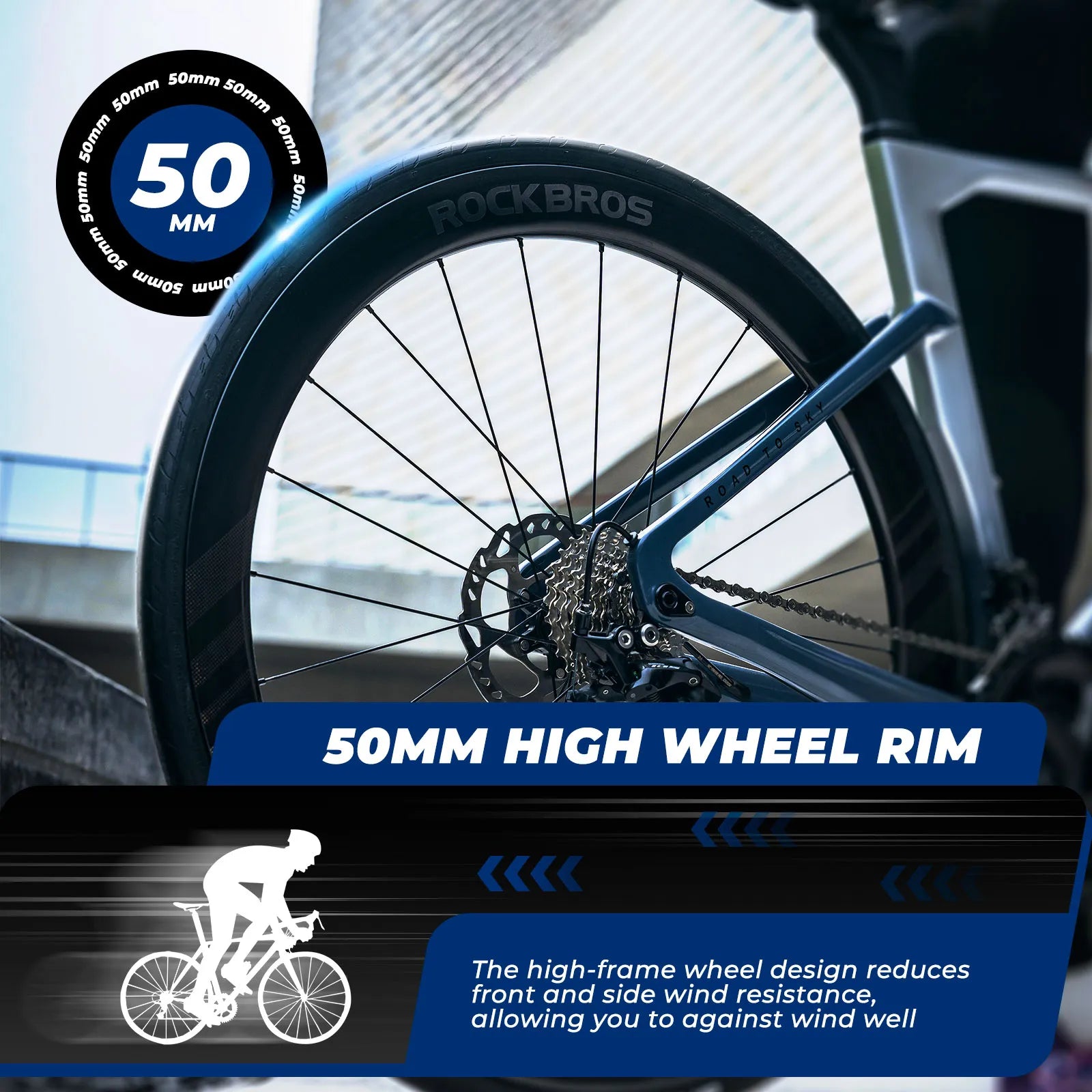 ROCKBROS T700 carbon road bike wheelset with 50mm deep-section rims and 28mm wide profile