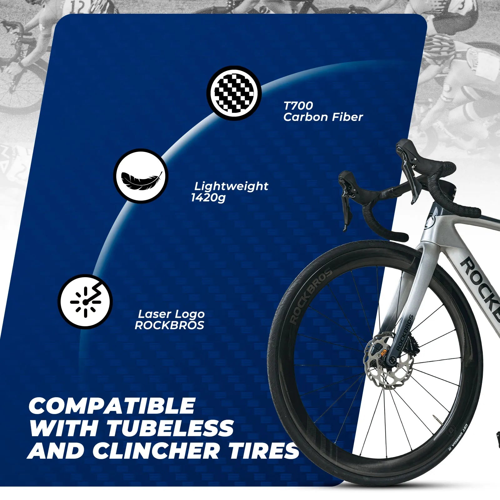 ROCKBROS T700 carbon road bike wheelset with 50mm deep-section rims and 28mm wide profile