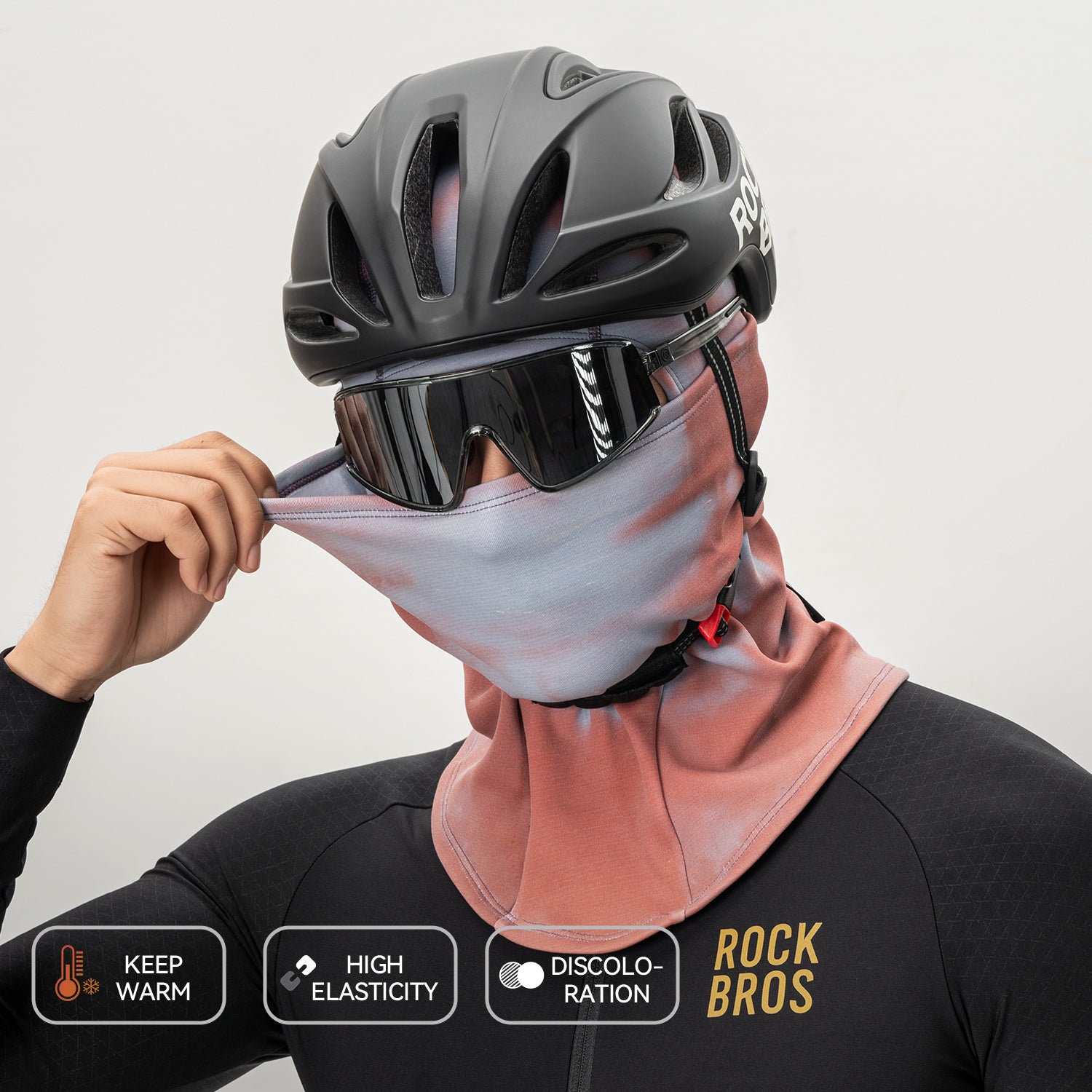ROCKBROS thermochromic balaclava worn under a cycling helmet for warmth and comfort
