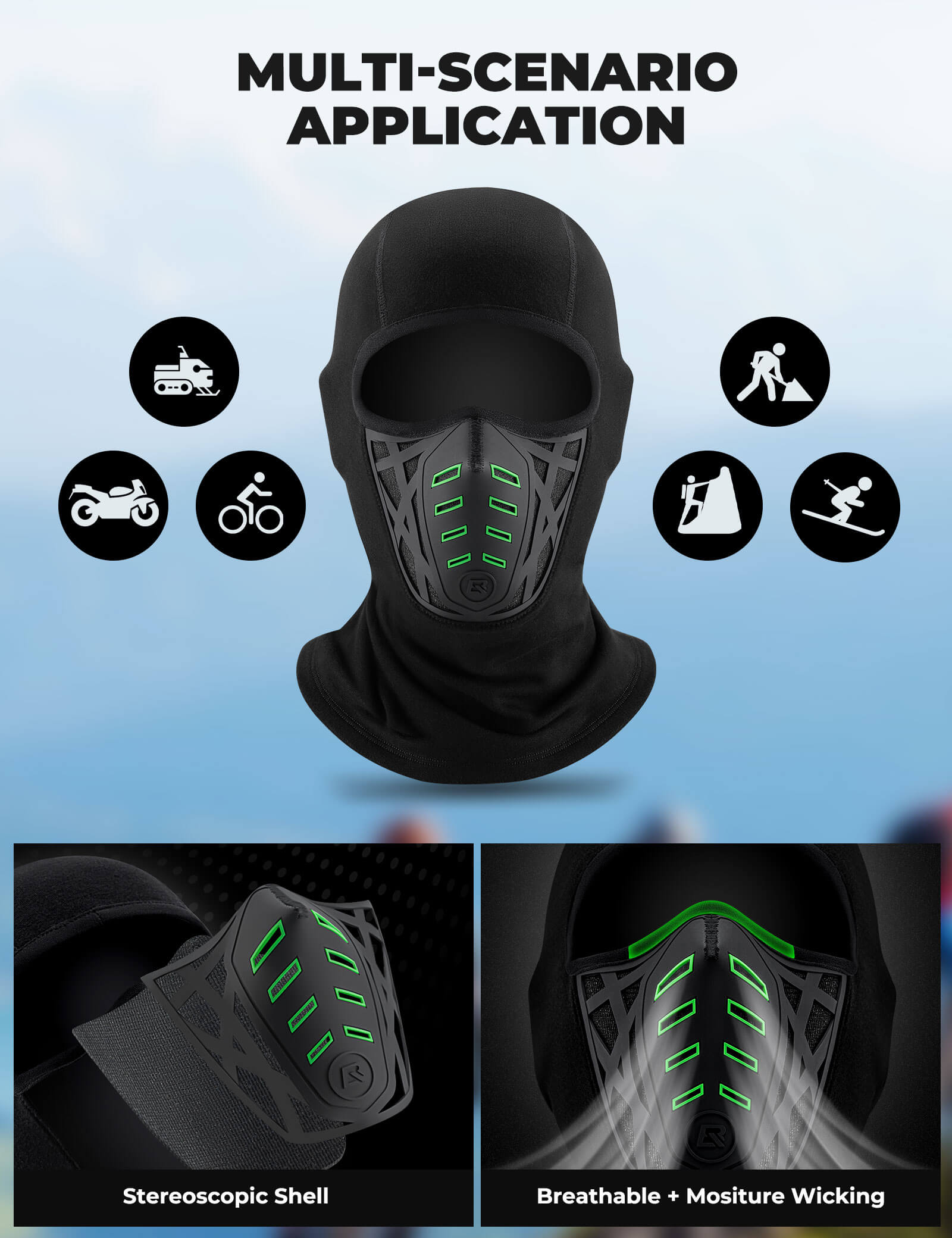 ROCKBROS Balaclava Ski Mask Thermal Windproof 3D Design Face Mask for Winter Cycling and Skiing