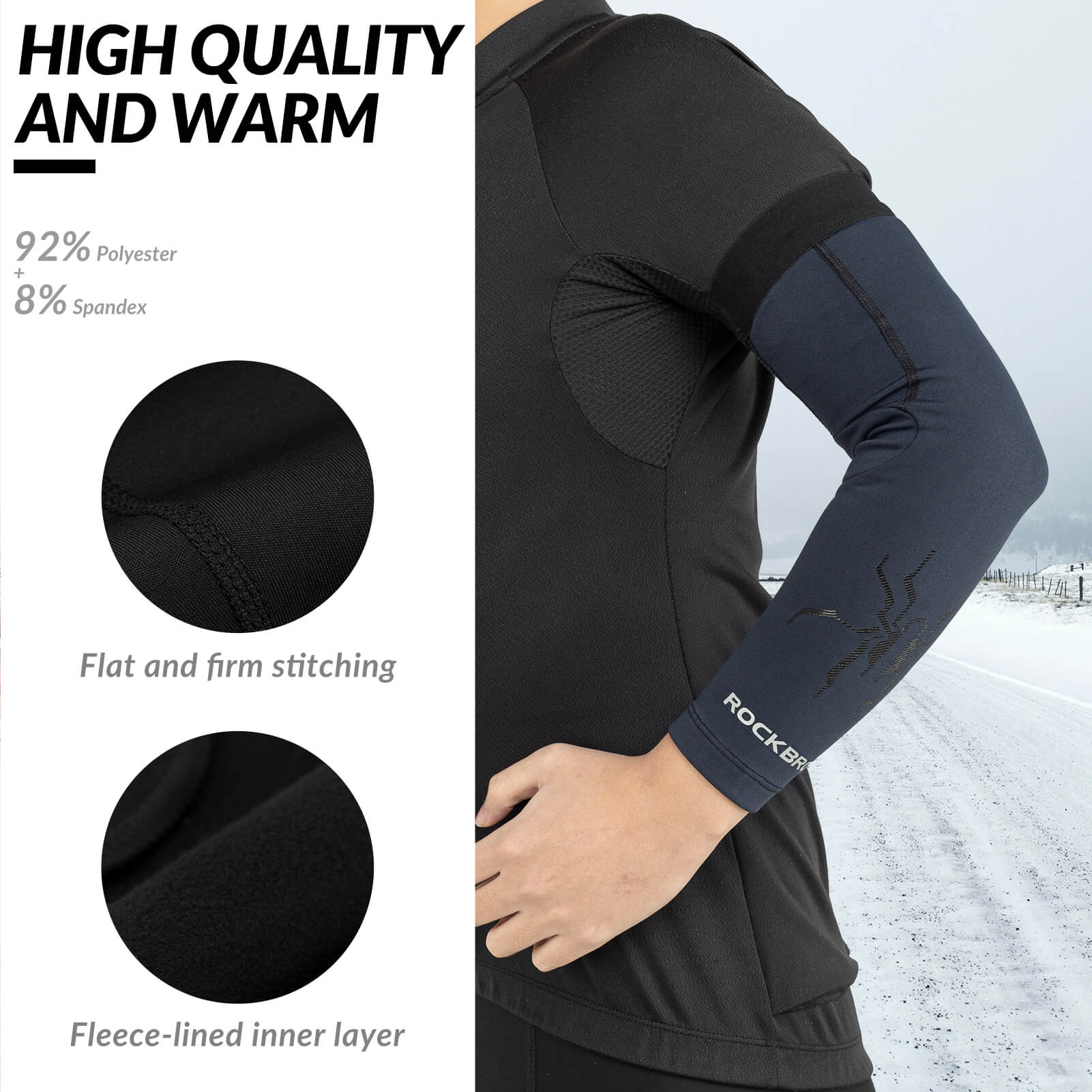 ROCKBROS thermal fleece arm warmers for cycling, running, and outdoor sports in cold weather
#Color_Blue Black