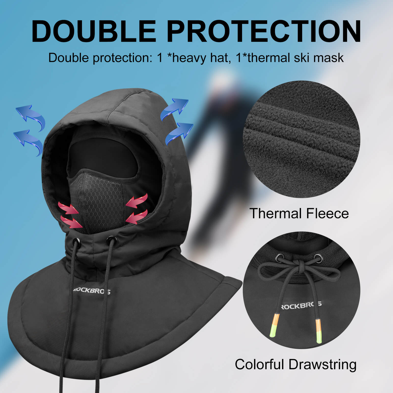 ROCKBROS thermal winter balaclava with full face, head, and neck coverage, helmet-friendly, windproof and water-resistant