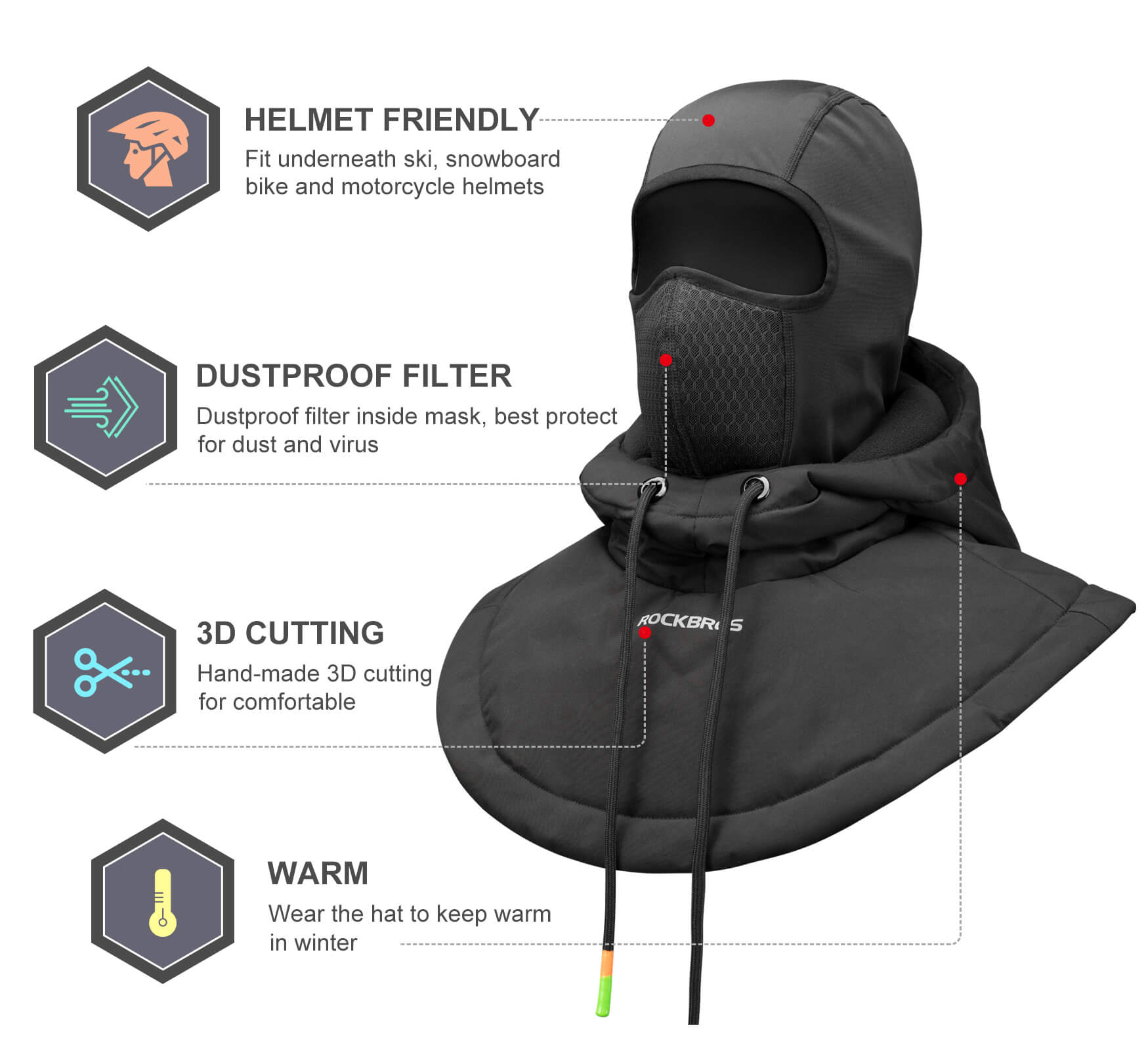 ROCKBROS thermal winter balaclava with full face, head, and neck coverage, helmet-friendly, windproof and water-resistant