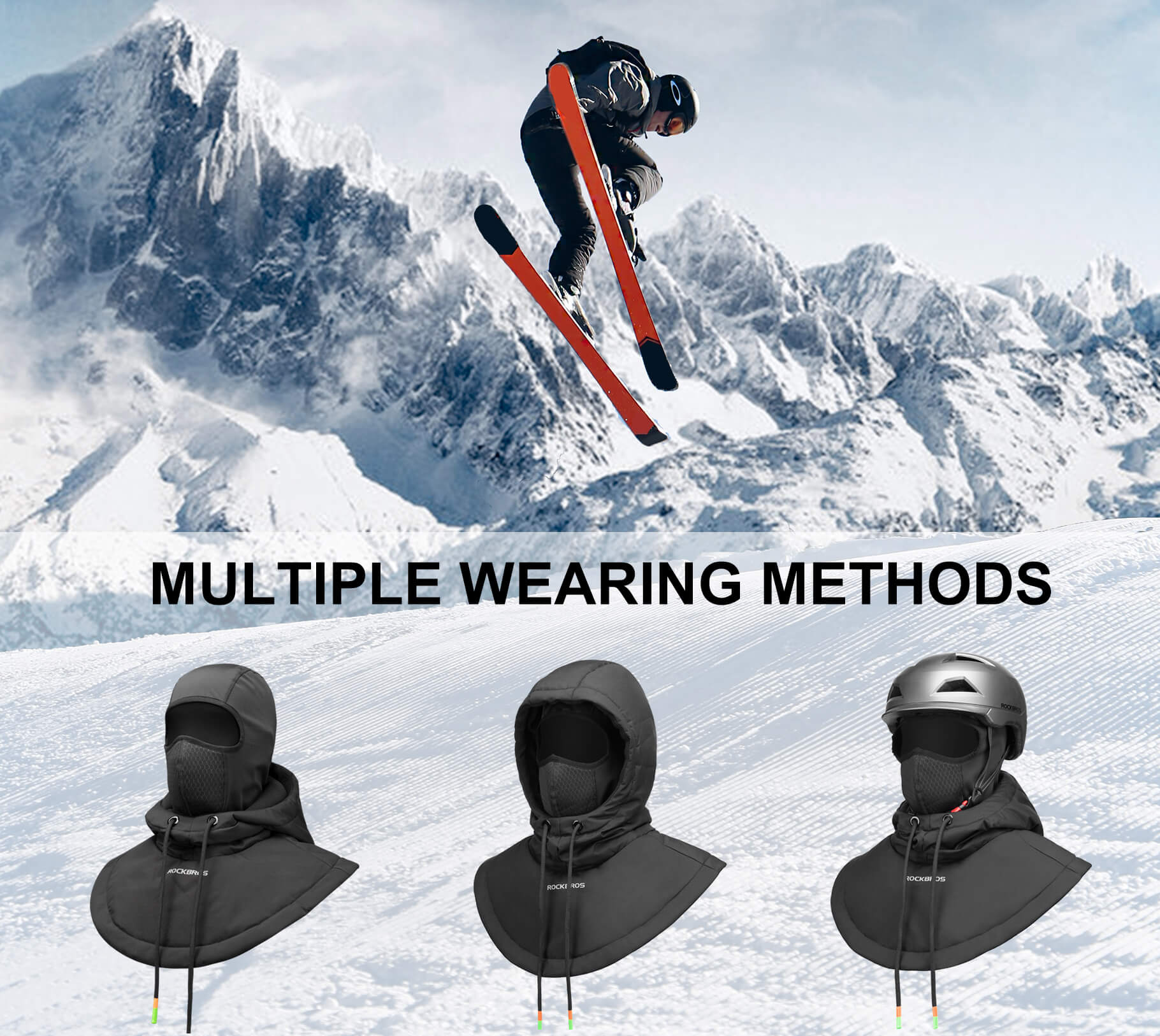 ROCKBROS thermal winter balaclava with full face, head, and neck coverage, helmet-friendly, windproof and water-resistant