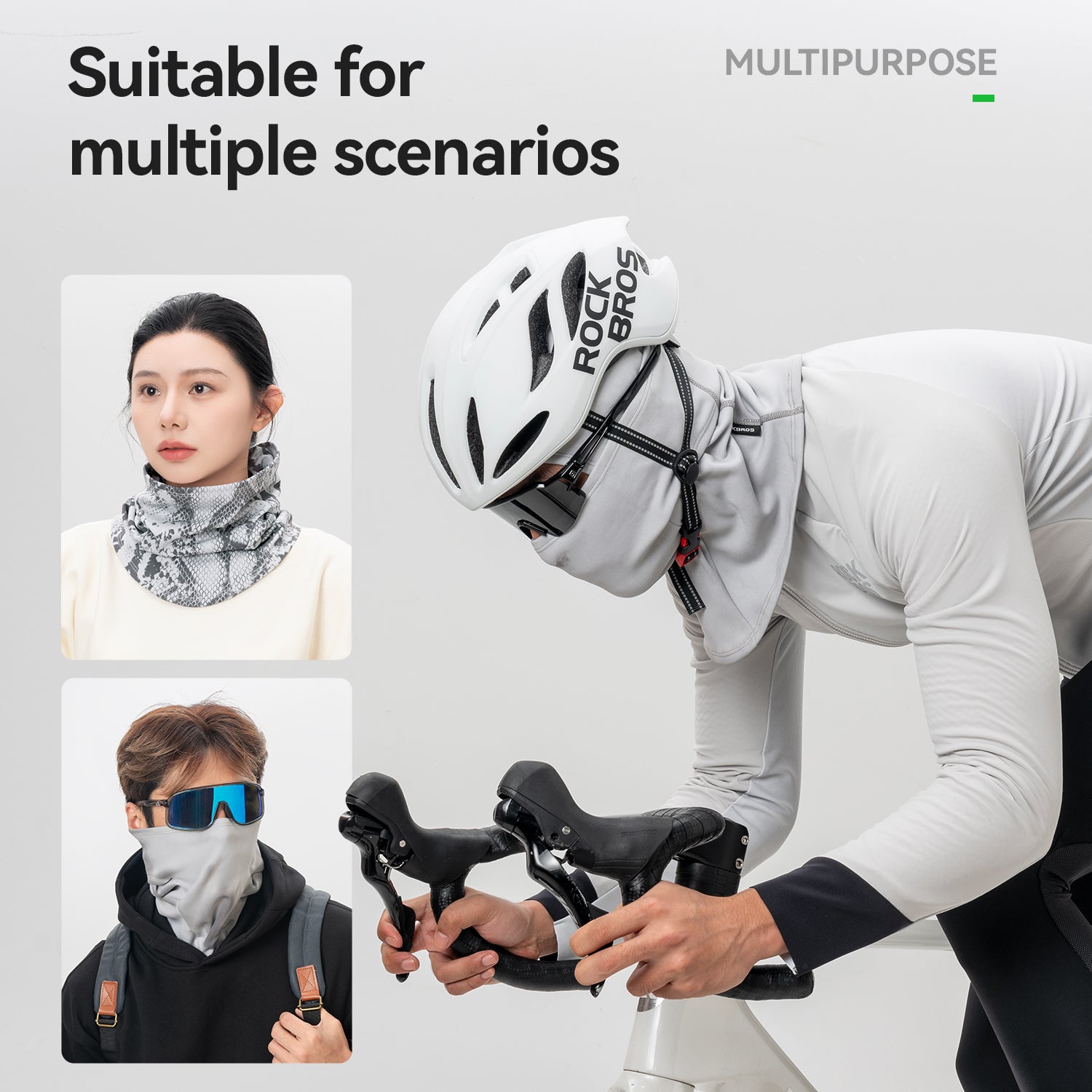 ROCKBROS thermochromic balaclava worn under a cycling helmet for warmth and comfort