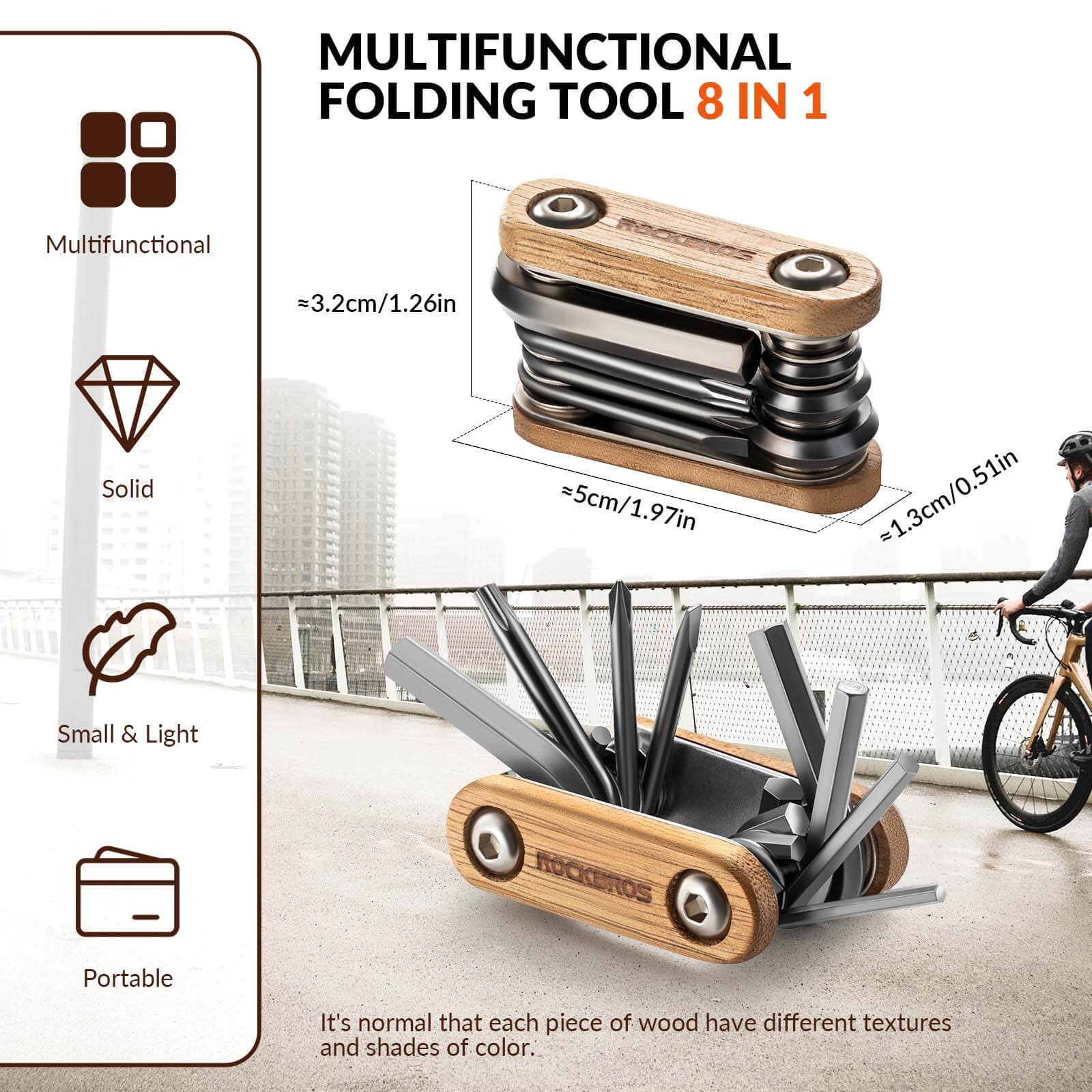 ROCKBROS Titanium Bike Repair Multi Tool with Wooden Handle 8 in 1