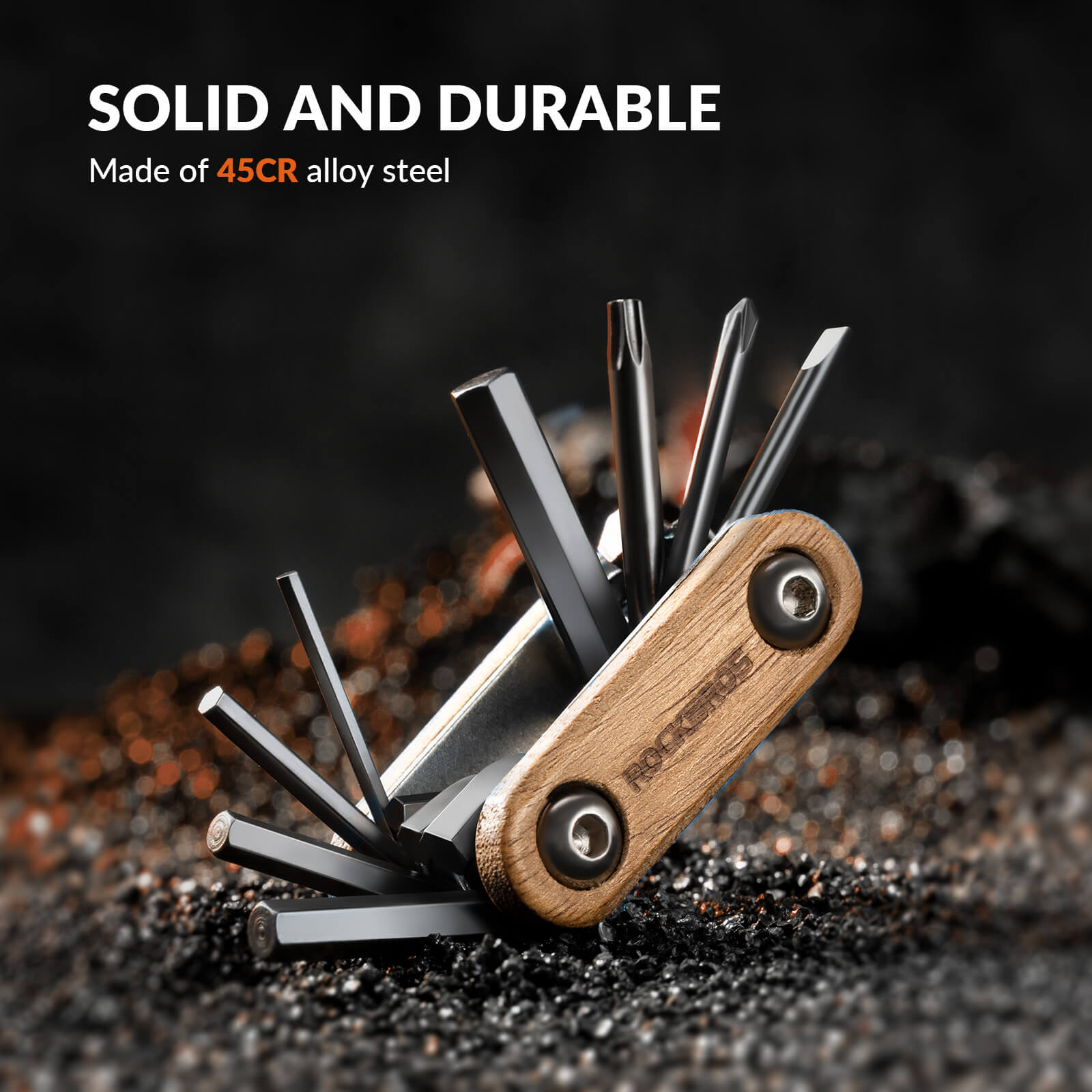 ROCKBROS Titanium Bike Repair Multi Tool with Wooden Handle 8 in 1