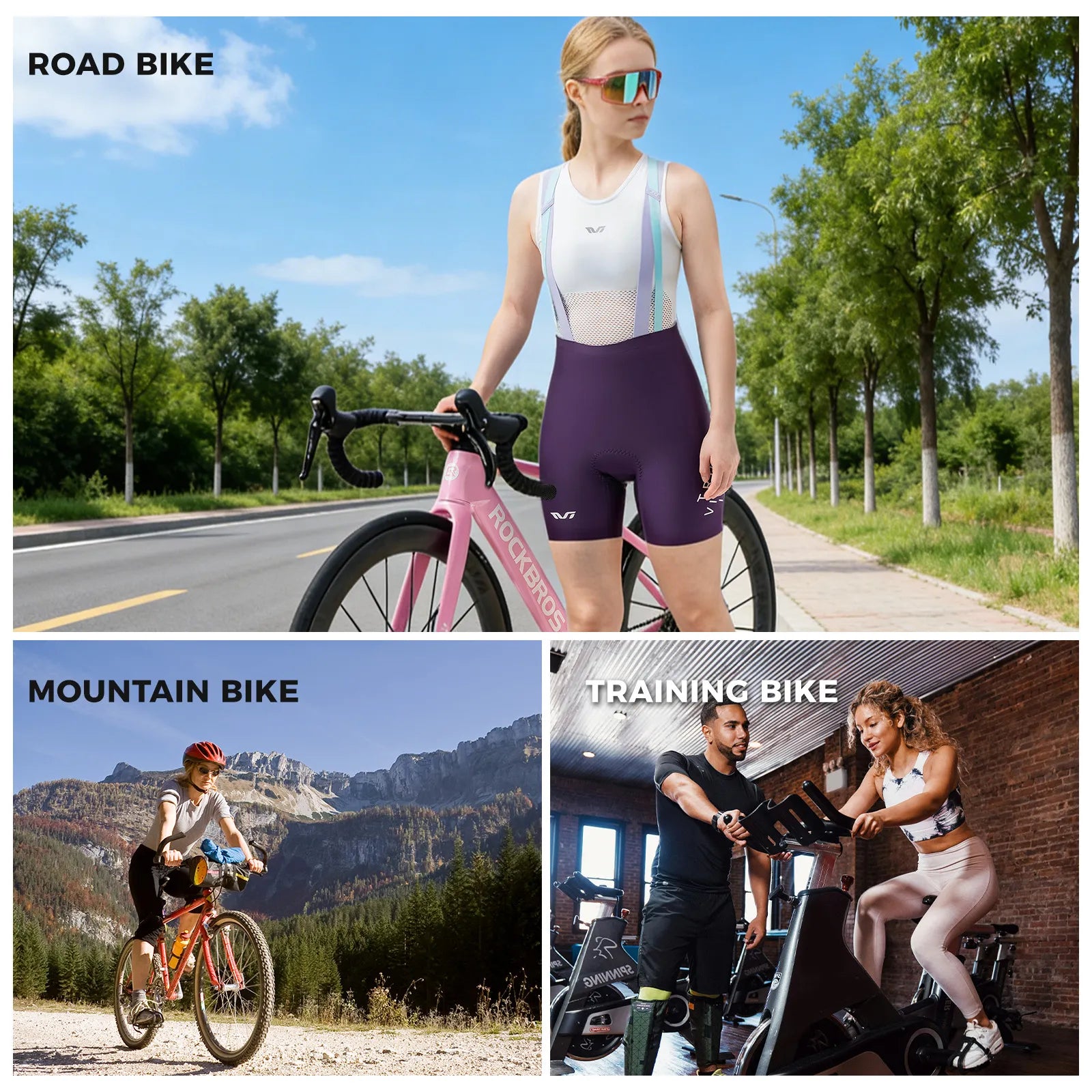 ROCKBROS TVI one-piece cycling bib shorts with ergonomic padding and seamless fit for long-distance road cycling