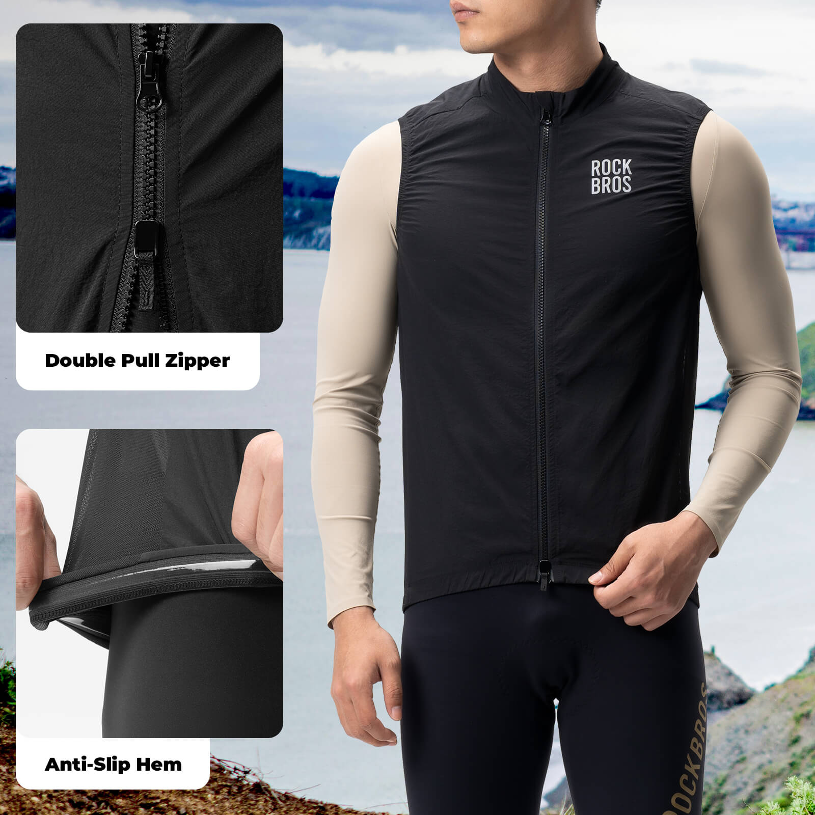 ROCKBROS unisex windproof cycling vest with thermal lining and reflective details for outdoor riding