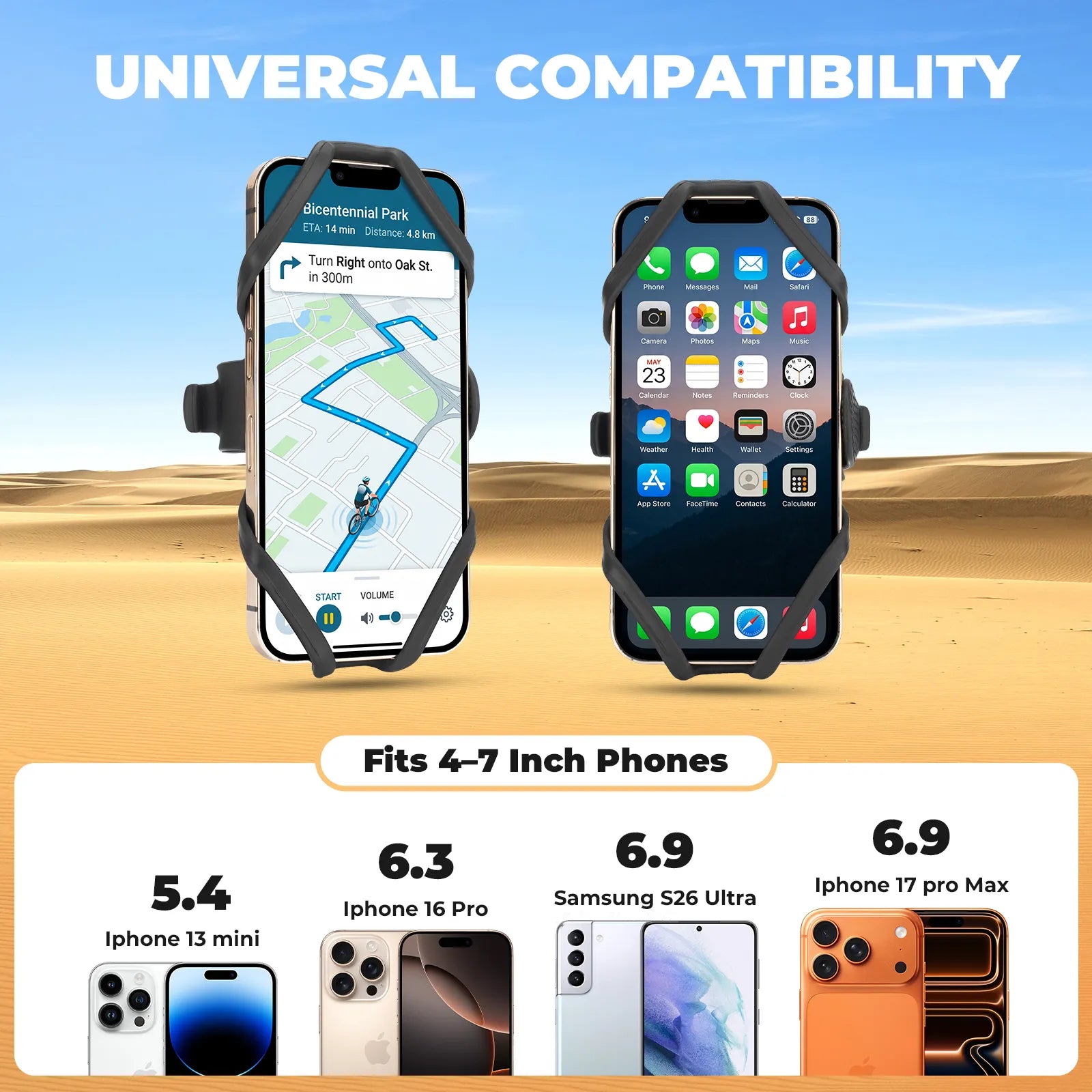 ROCKBROS universal silicone bike phone mount with a secure four-corner grip for road, mountain, gravel, and commuter bikes