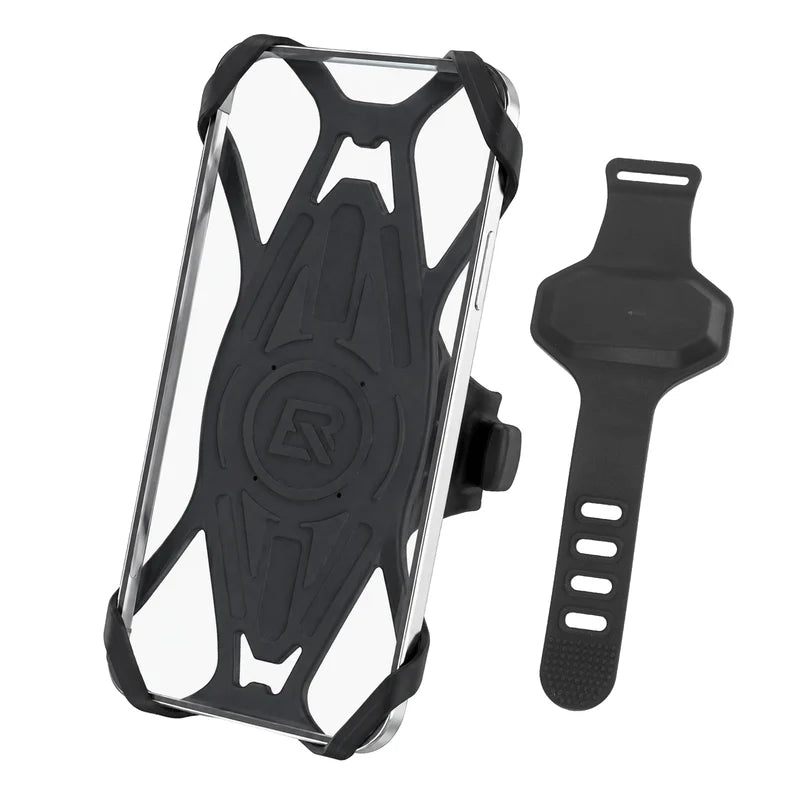 ROCKBROS universal silicone bike phone mount with four-corner grip design for secure smartphone mounting on handlebars
