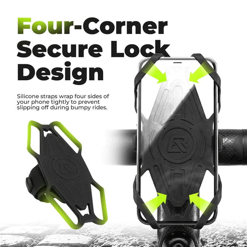 ROCKBROS universal silicone bike phone mount with four-corner grip design for secure smartphone mounting on handlebars