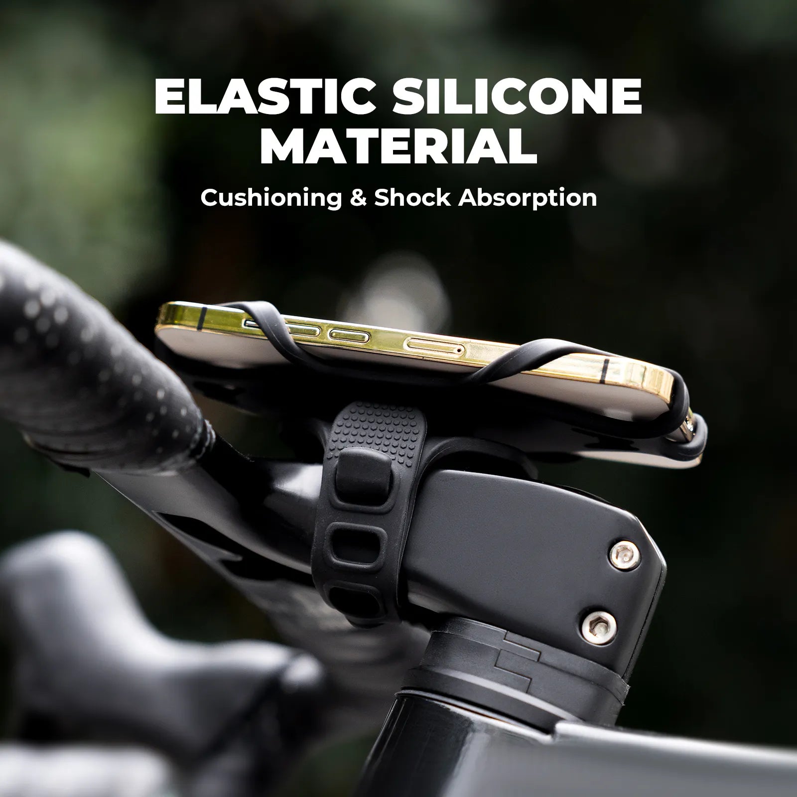 ROCKBROS universal silicone bike phone mount with a secure four-corner grip for road, mountain, gravel, and commuter bikes